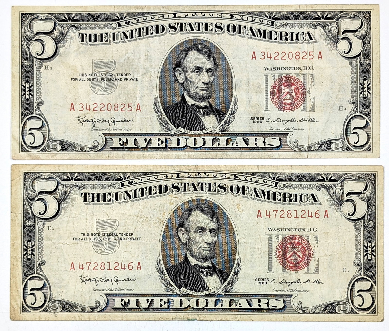 Lot of 2 - 1963 $5 Notes - Red Seals: Circulated Condition