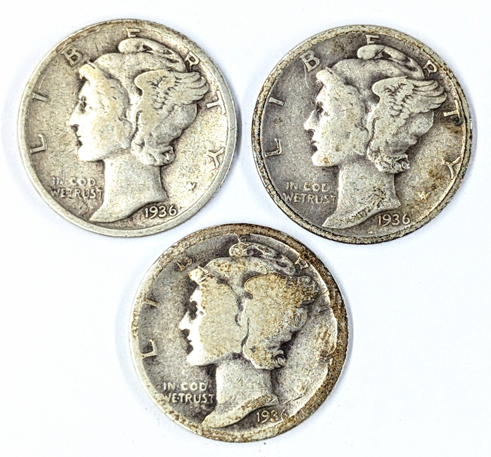 Lot of 3 Silver Mercury Dimes - 1936 P/D/S: Silver
