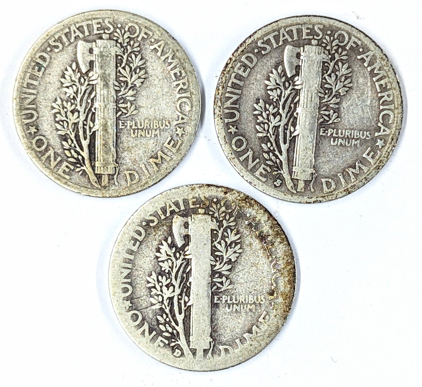 Lot of 3 Silver Mercury Dimes - 1936 P/D/S - 2