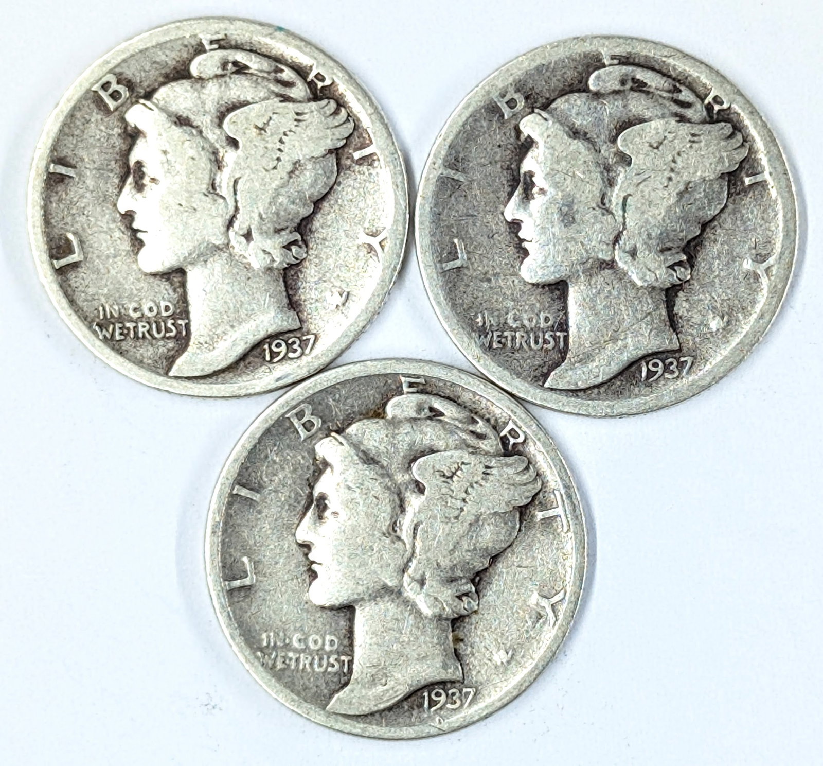 Lot of 3 Silver Mercury Dimes - All 1937: Silver