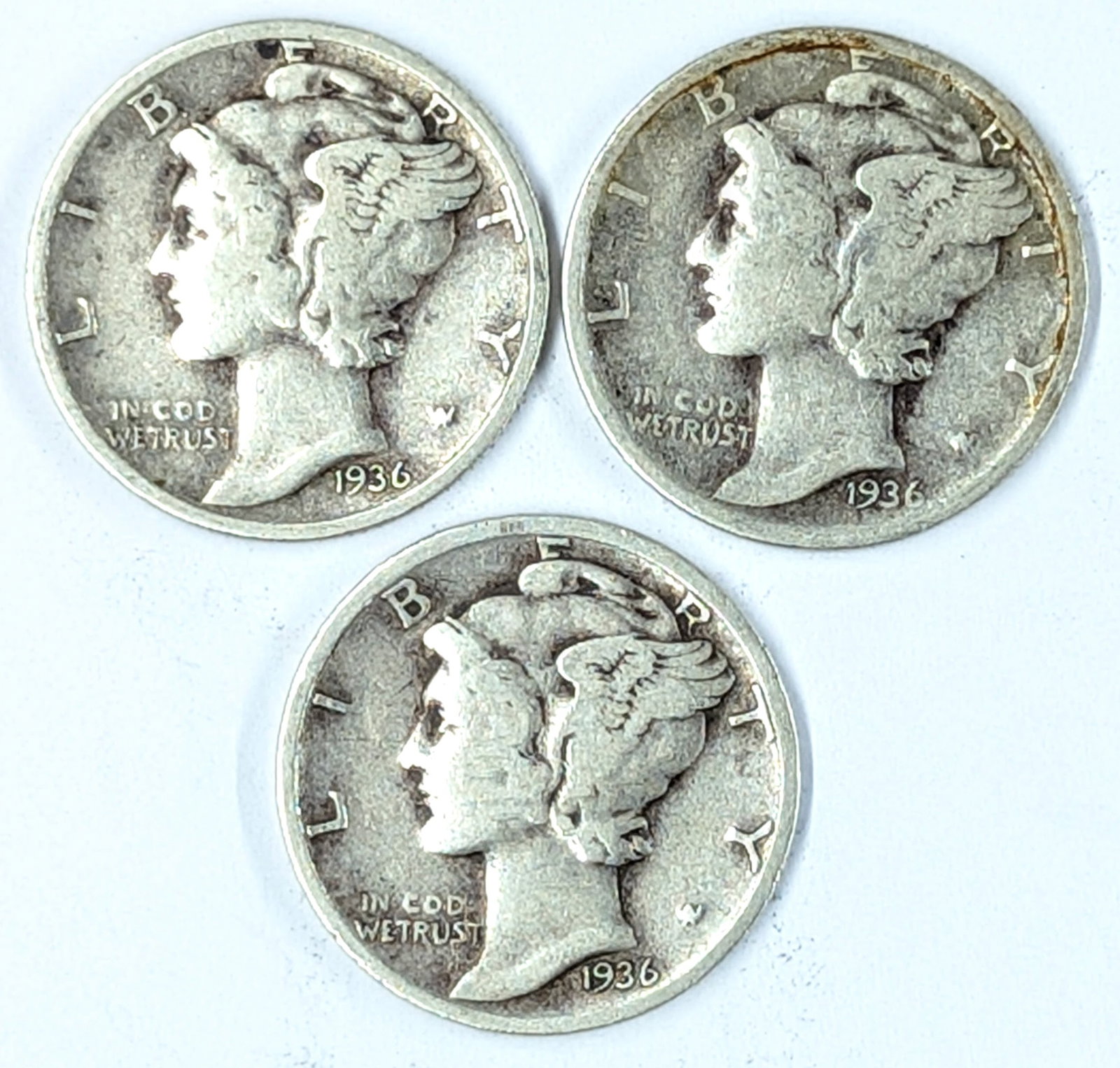 Lot of 3 Silver Mercury Dimes - All 1936: Silver