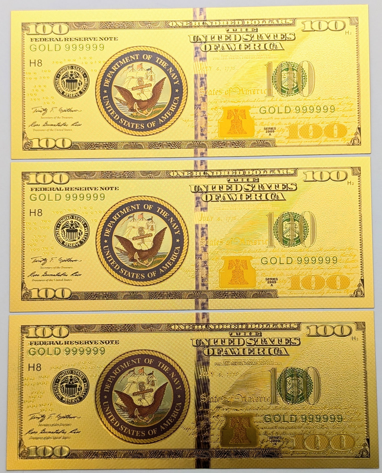Lot of 3 Navy Gold foil $100 design: Goldfoil
