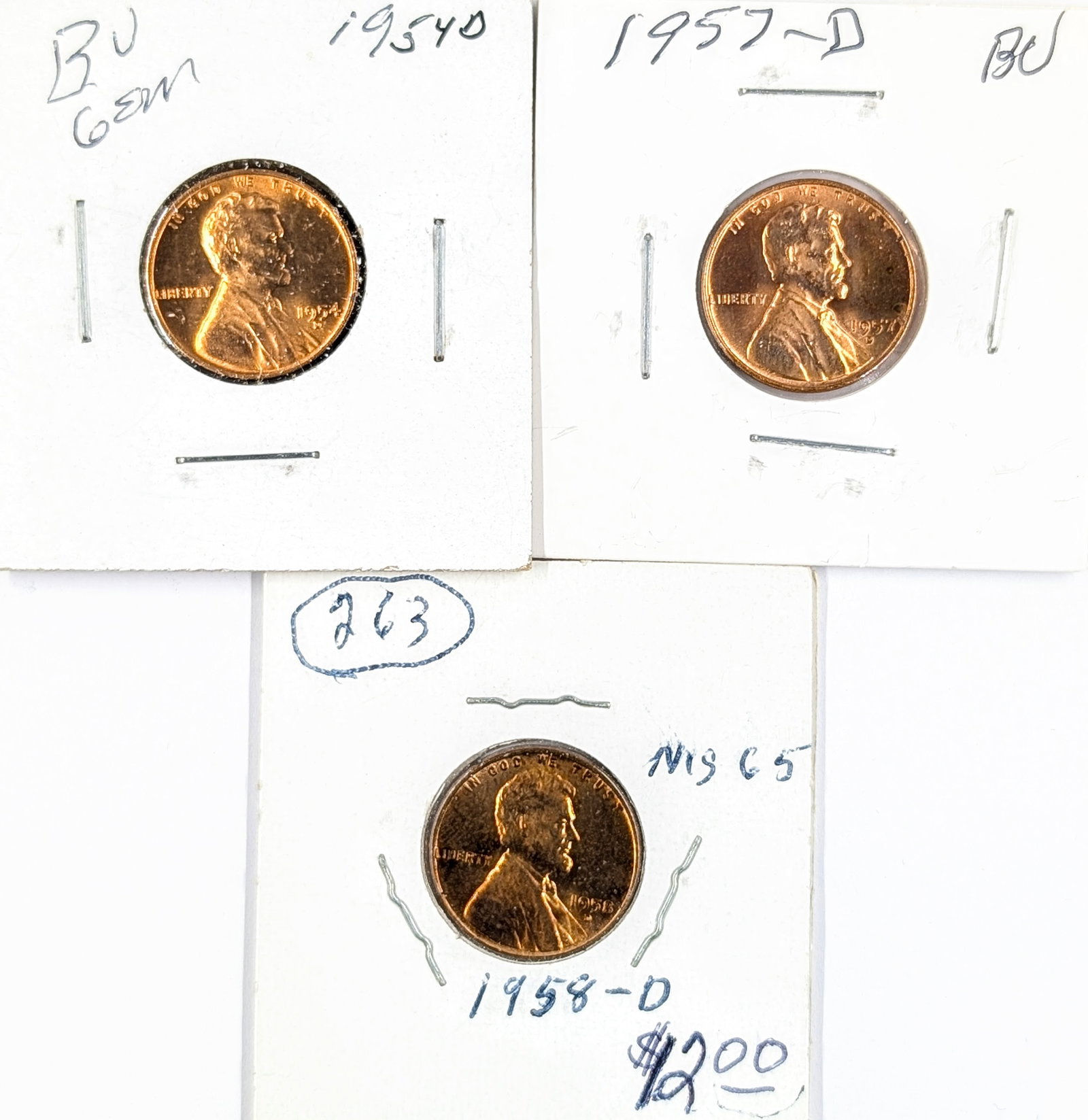 Lot of 3 Uncirculated Wheat Cents - 1954-D, 1957-D, 1958-D: Coin