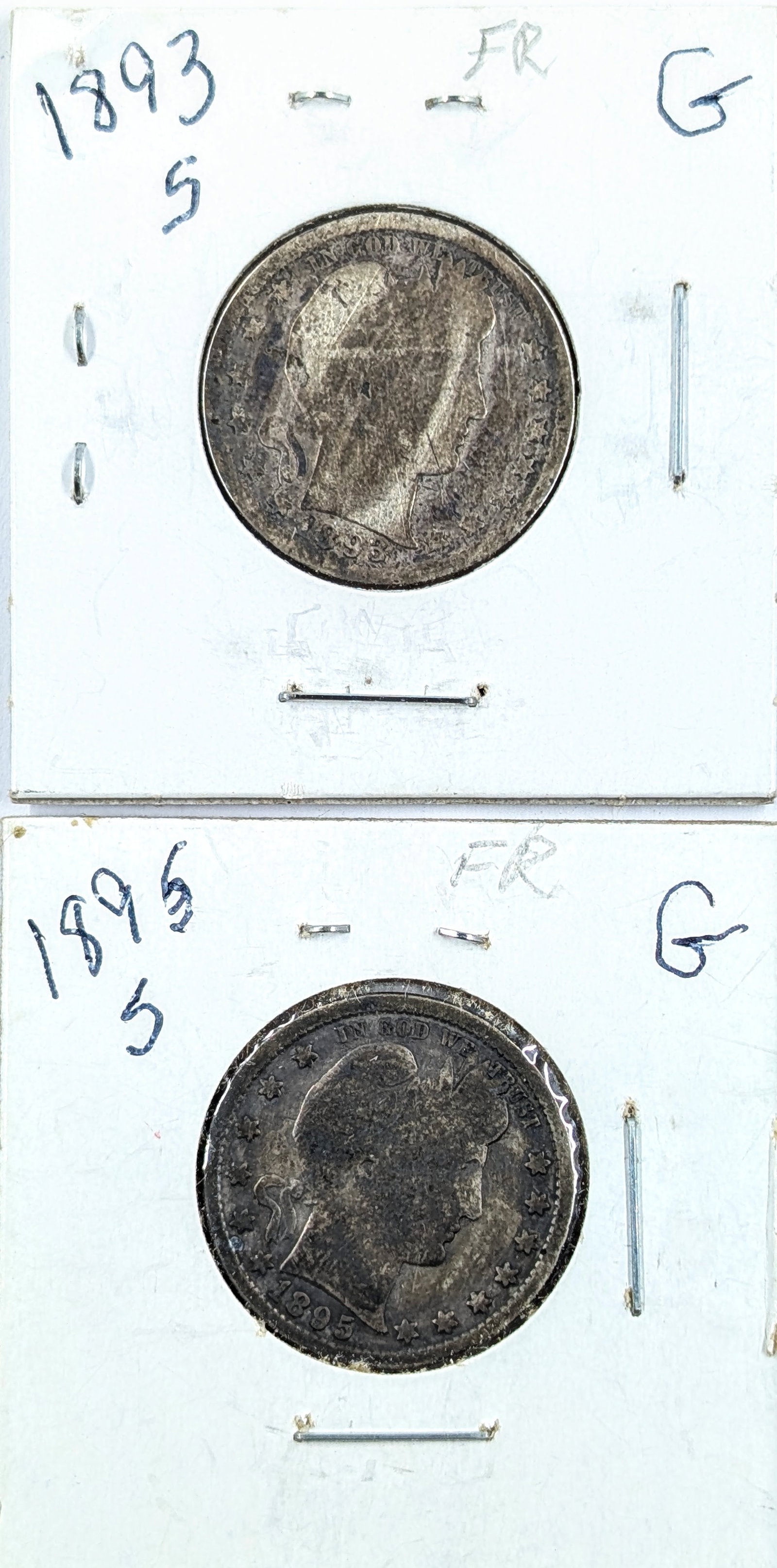 Lot of 2 Silver Barber Quarters- 1893-S, 1895-S: Silver