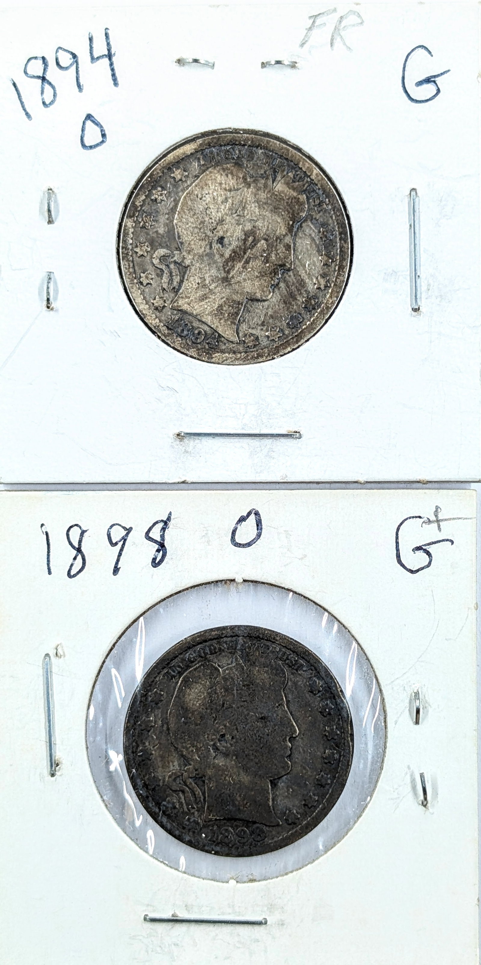 Lot of 2 Silver Barber Quarters- 1894-O, 1898-O: Silver
