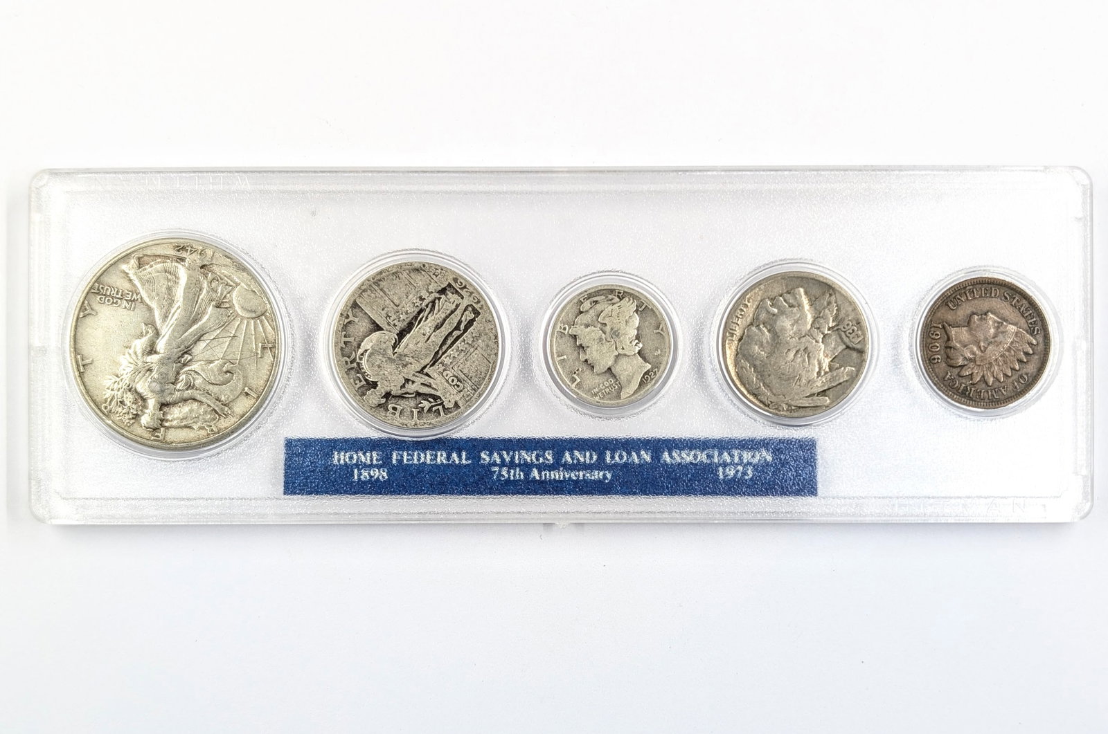 Silver Coin Set w/ Silver Half, Quarter & Dime: 1942 Silver Walking Liberty Half 1926 Silver Standing Liberty Quarter 1927 Silver Mercury Dime 1936 Buffalo Nickel 1906 Indian Head Cent