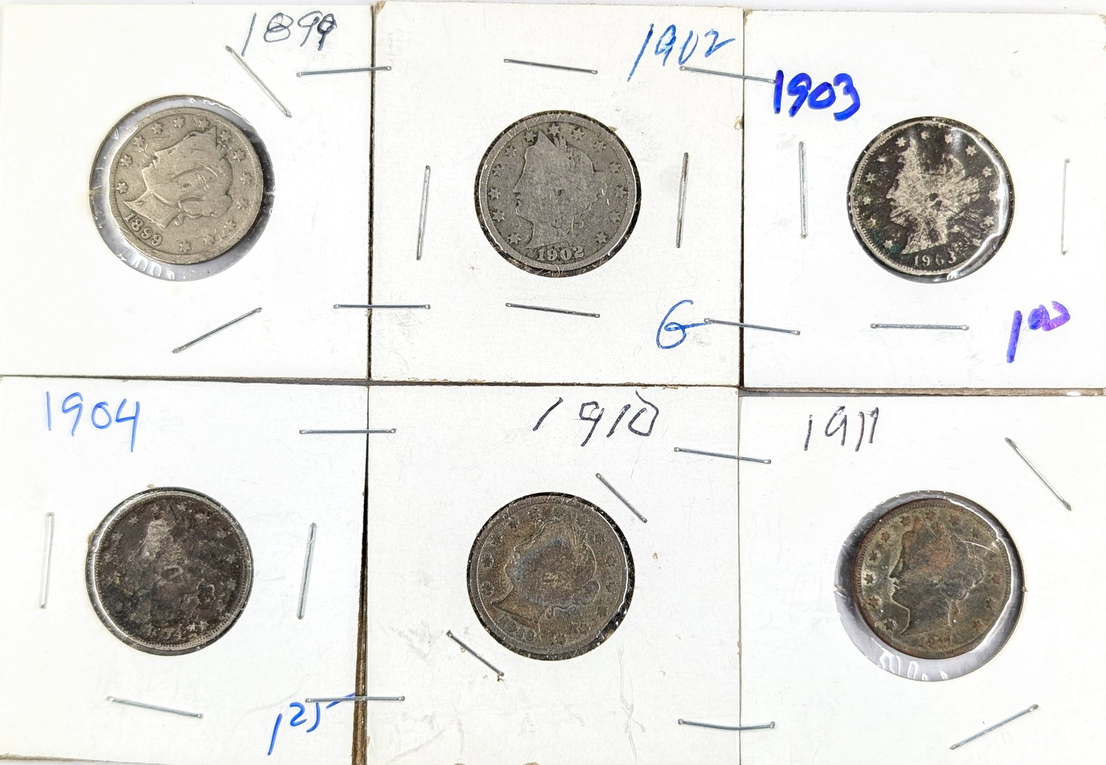 Lot of 6 Liberty V Nickels - 1899-1911: Coin