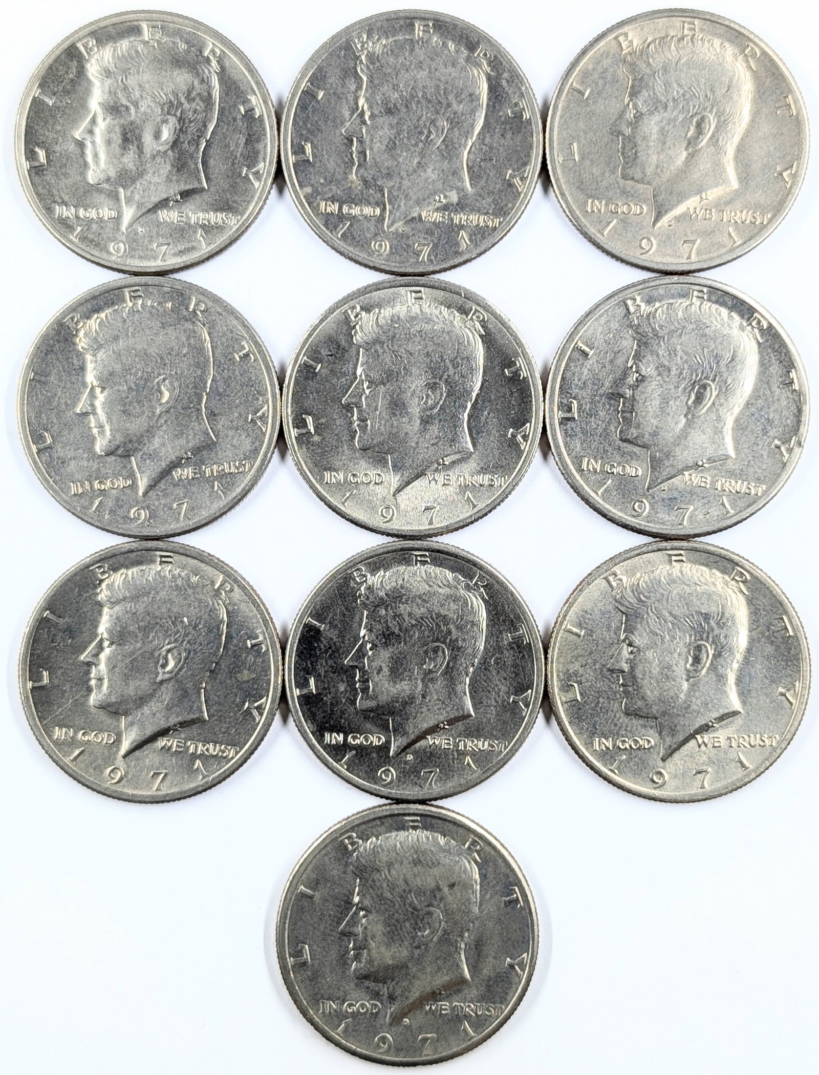 Lot of 10 John F Kennedy Half Dollars - All 1971 P/D - Some Uncirculated: Coin