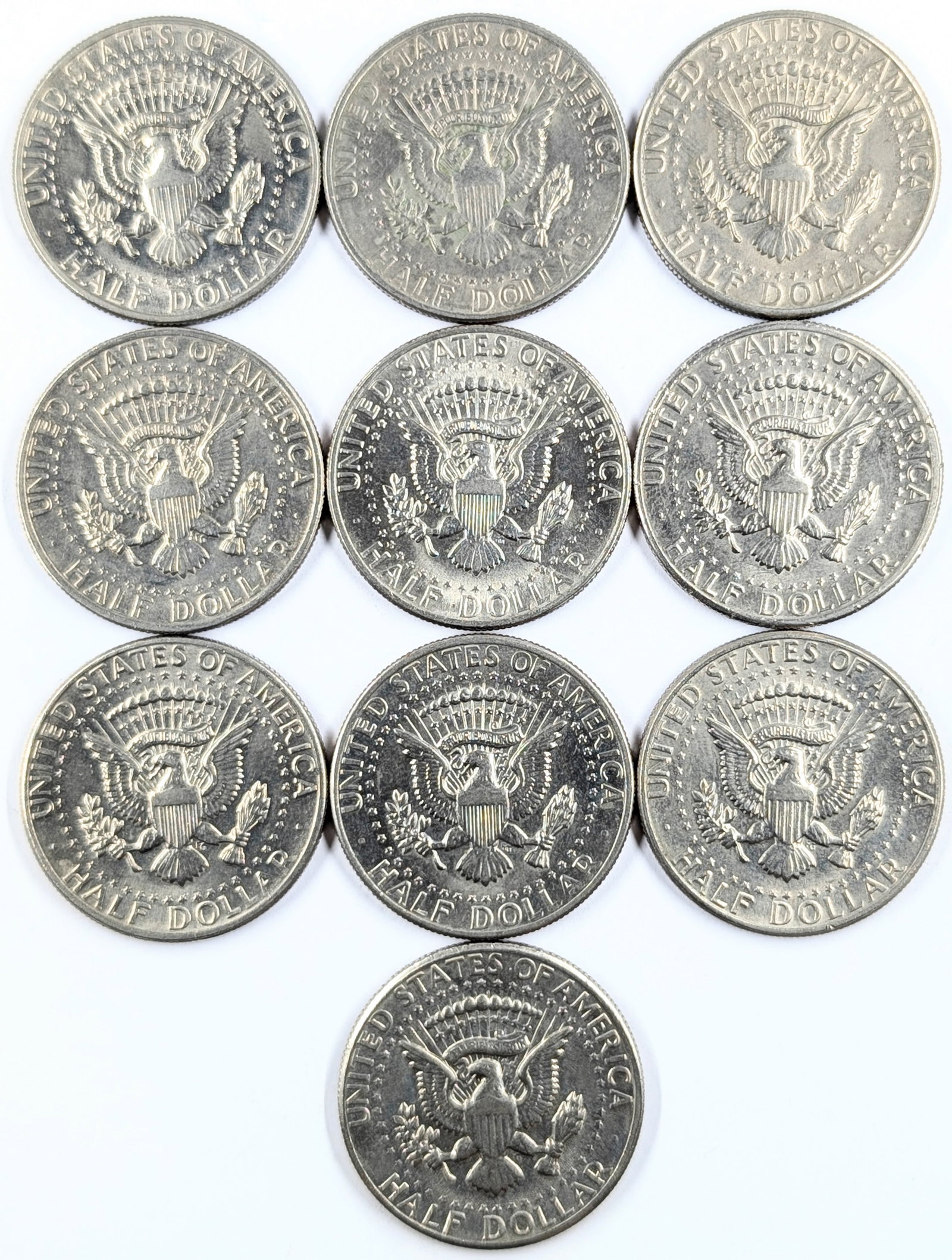 Lot of 10 John F Kennedy Half Dollars - All 1971 P/D - Some Uncirculated - 2