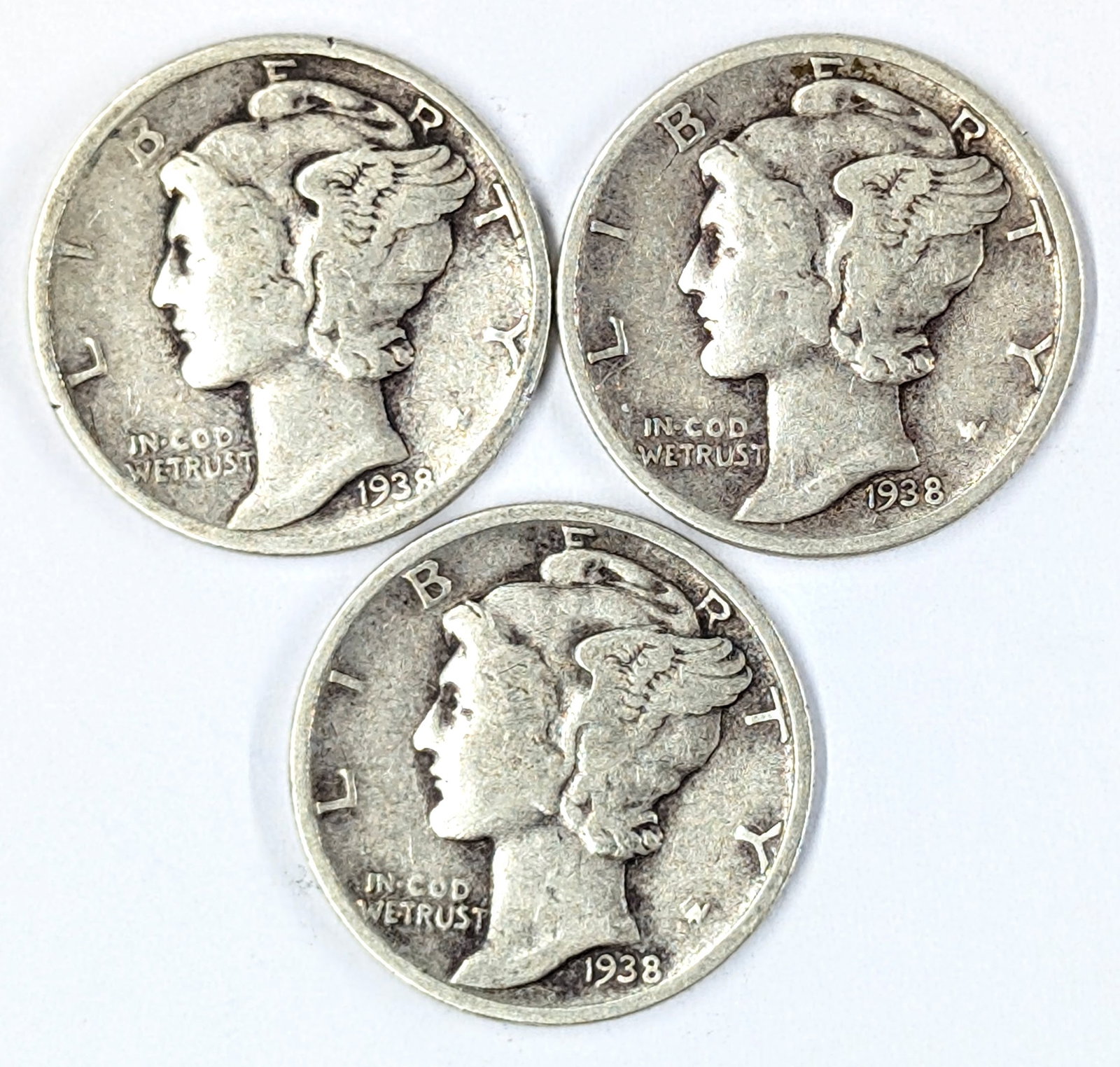 Lot of 3 Silver Mercury Dimes - All 1938: Silver