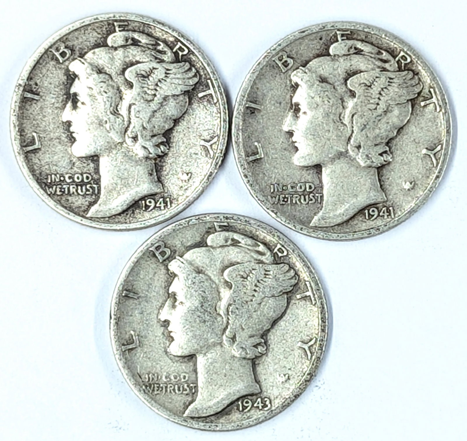 Lot of 3 Silver Mercury Dimes - 1941(2), 1943: Silver