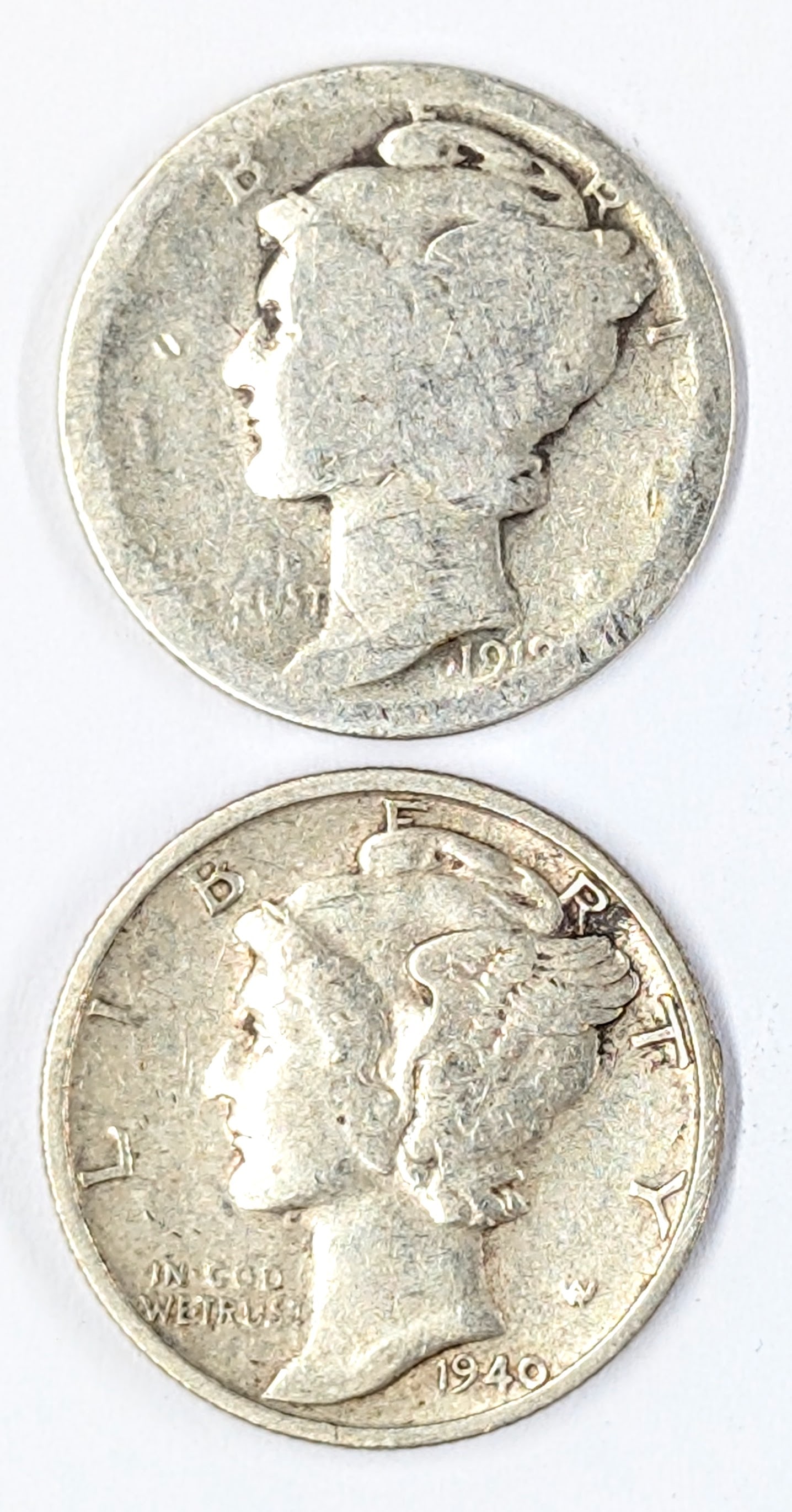 Lot of 2 Silver Mercury Dimes - 191?, 1940-S: Silver