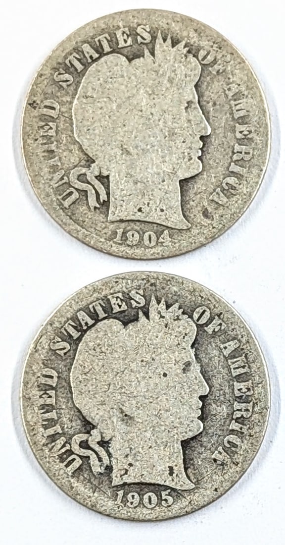 Lot of 2 Silver Barber Dimes- 1904, 1905: Silver