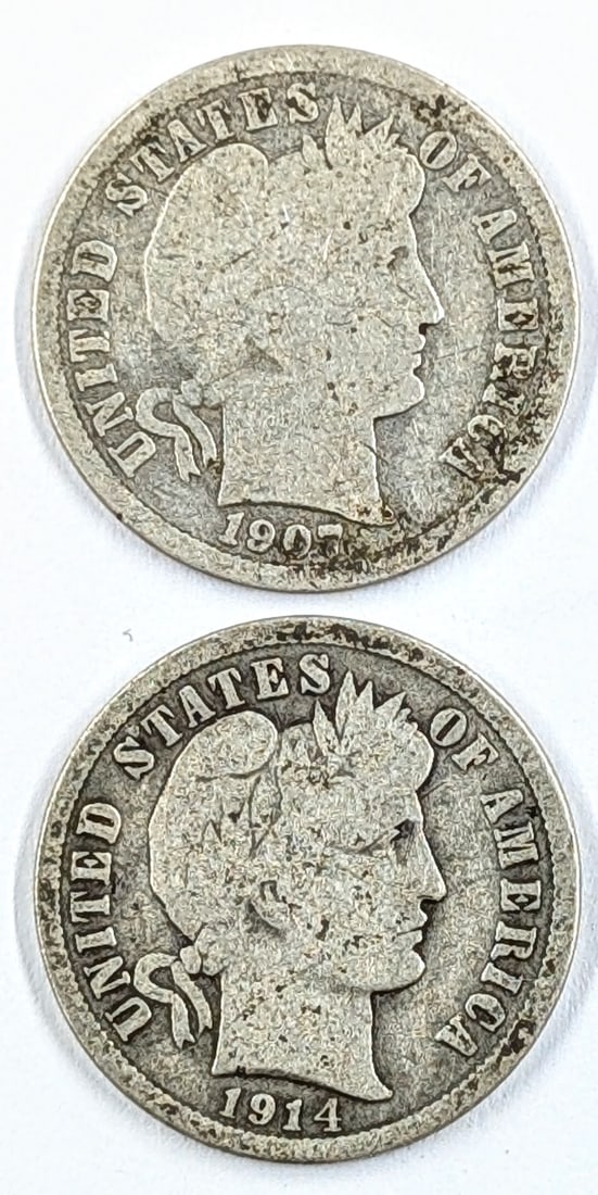 Lot of 2 Silver Barber Dimes- 1907-D, 1914: Silver
