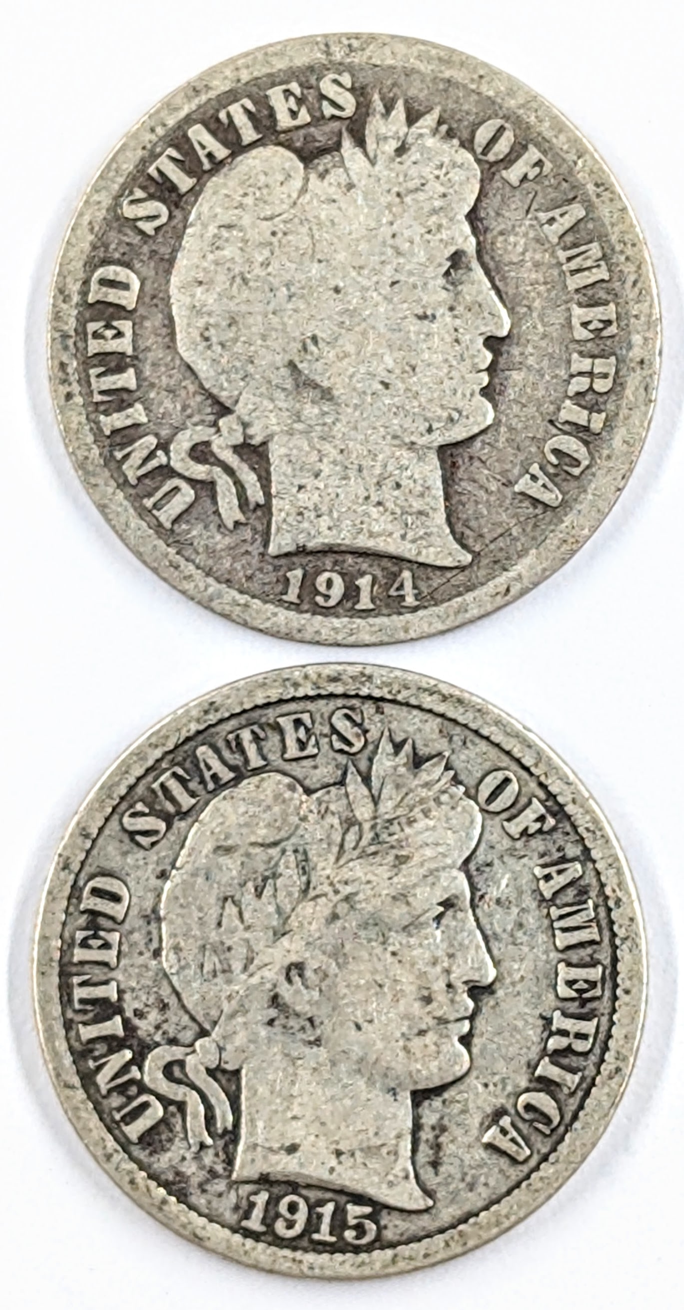 Lot of 2 Silver Barber Dimes- 1914-D, 1915: Silver