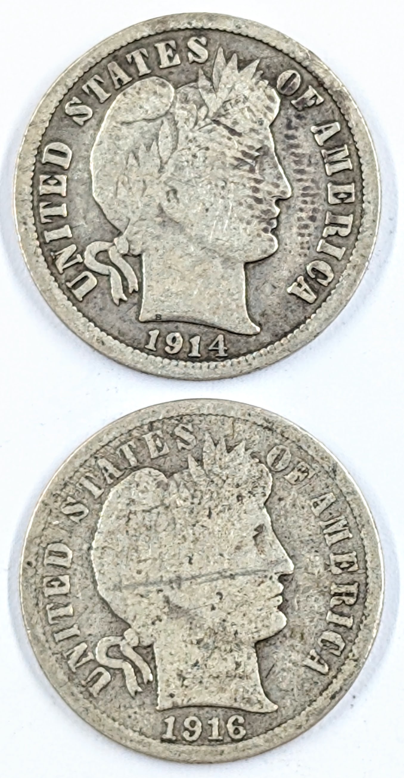 Lot of 2 Silver Barber Dimes- 1914-D, 1916: Silver