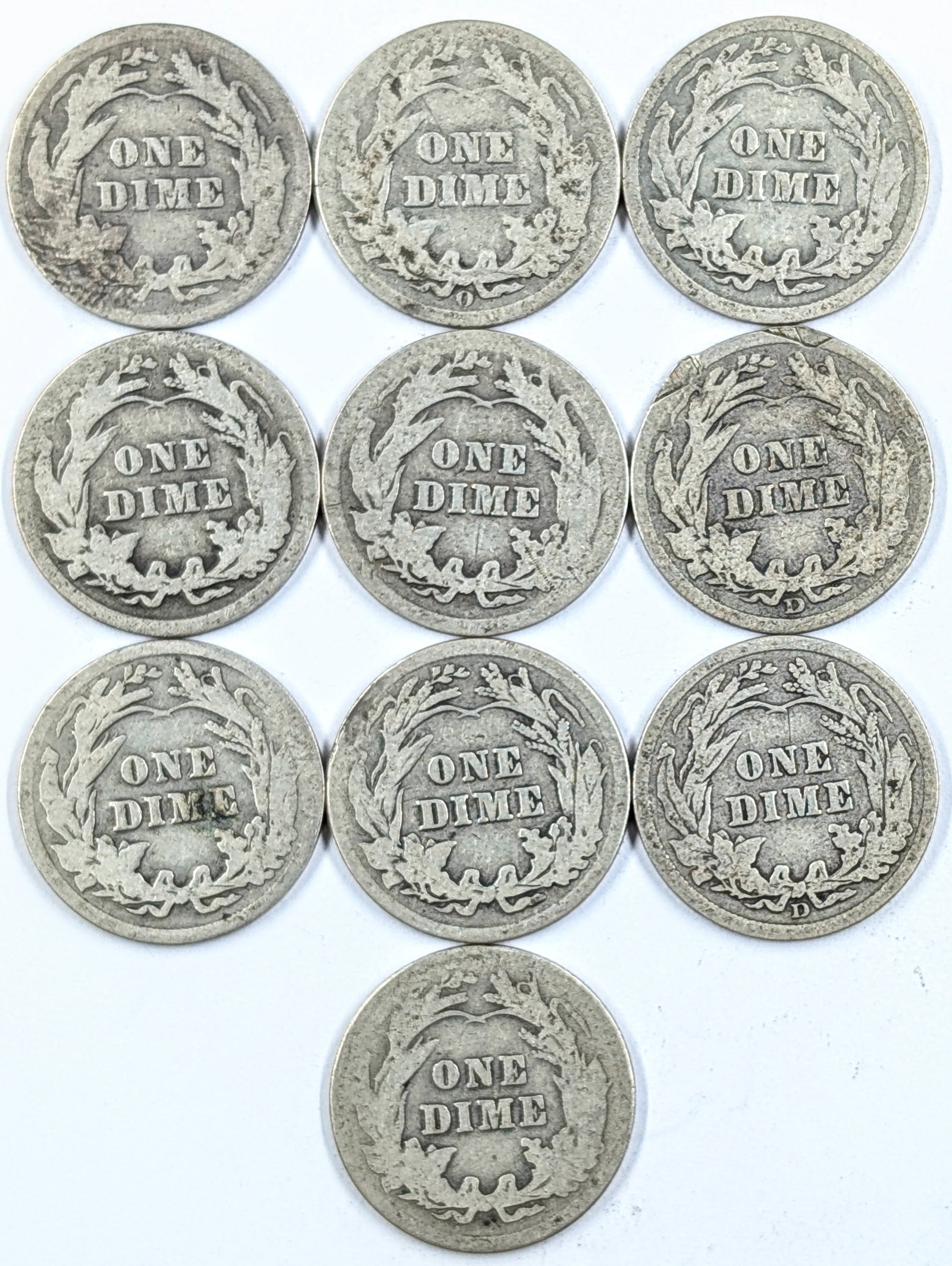 Lot of 10 Silver Barber Dimes- 1900-1914 - 2