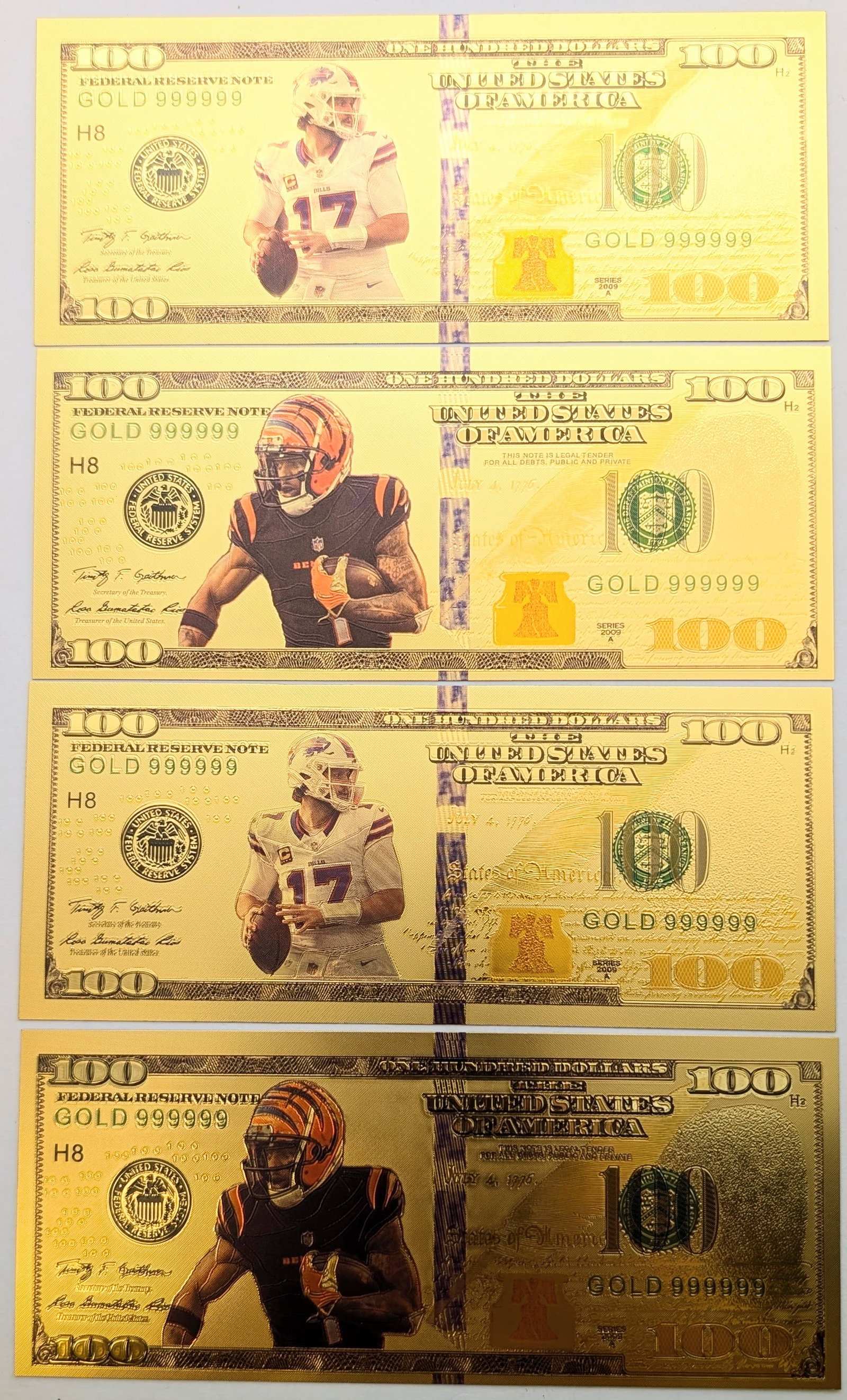 Lot of 4 Football Gold foil $100 design - Buffalo Bills & Bengals: Goldfoil