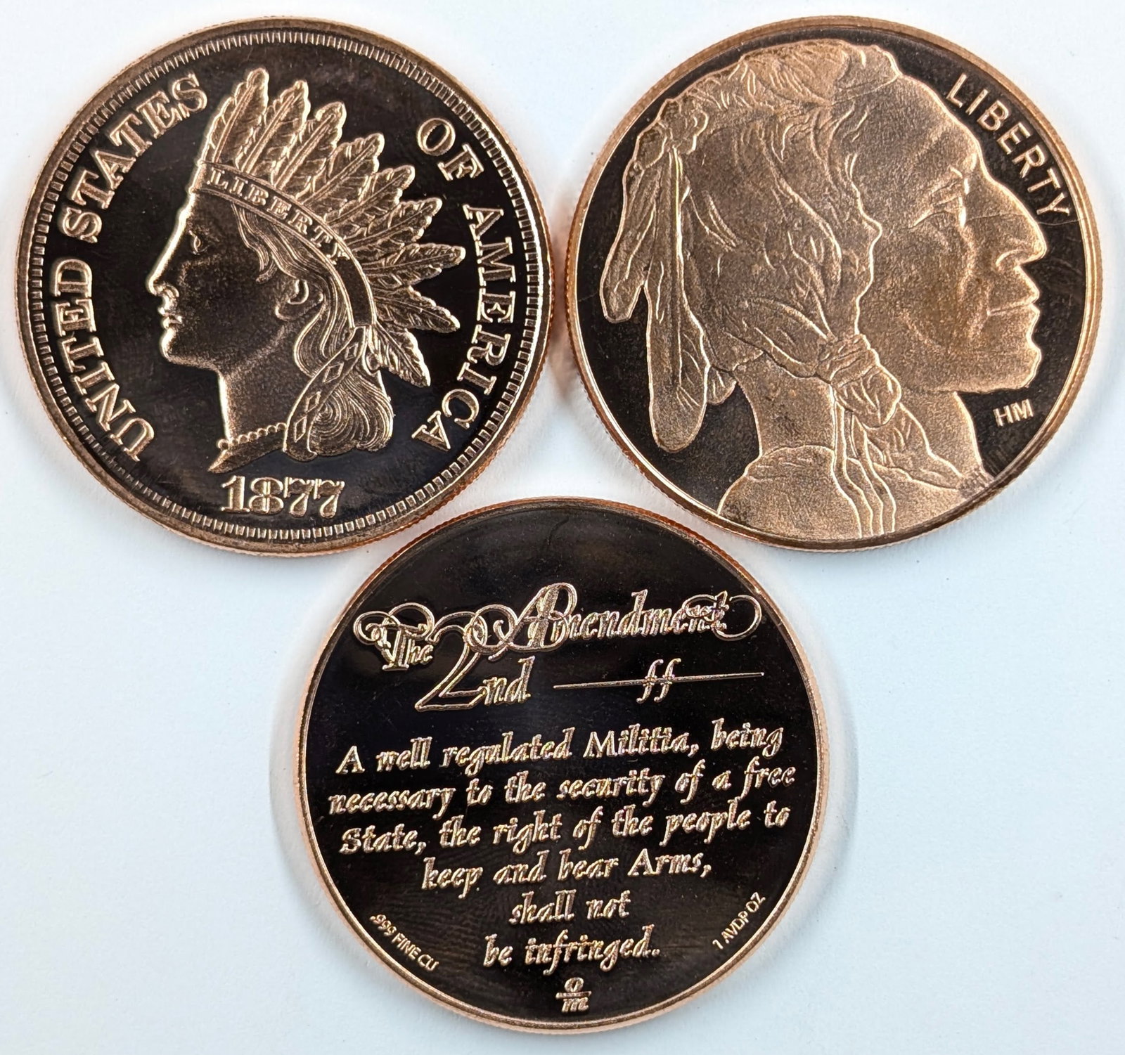 Lot of 3 - 1 Ounce (each) Fine .999 Copper Rounds - Indians & 2nd Amendment: Copper