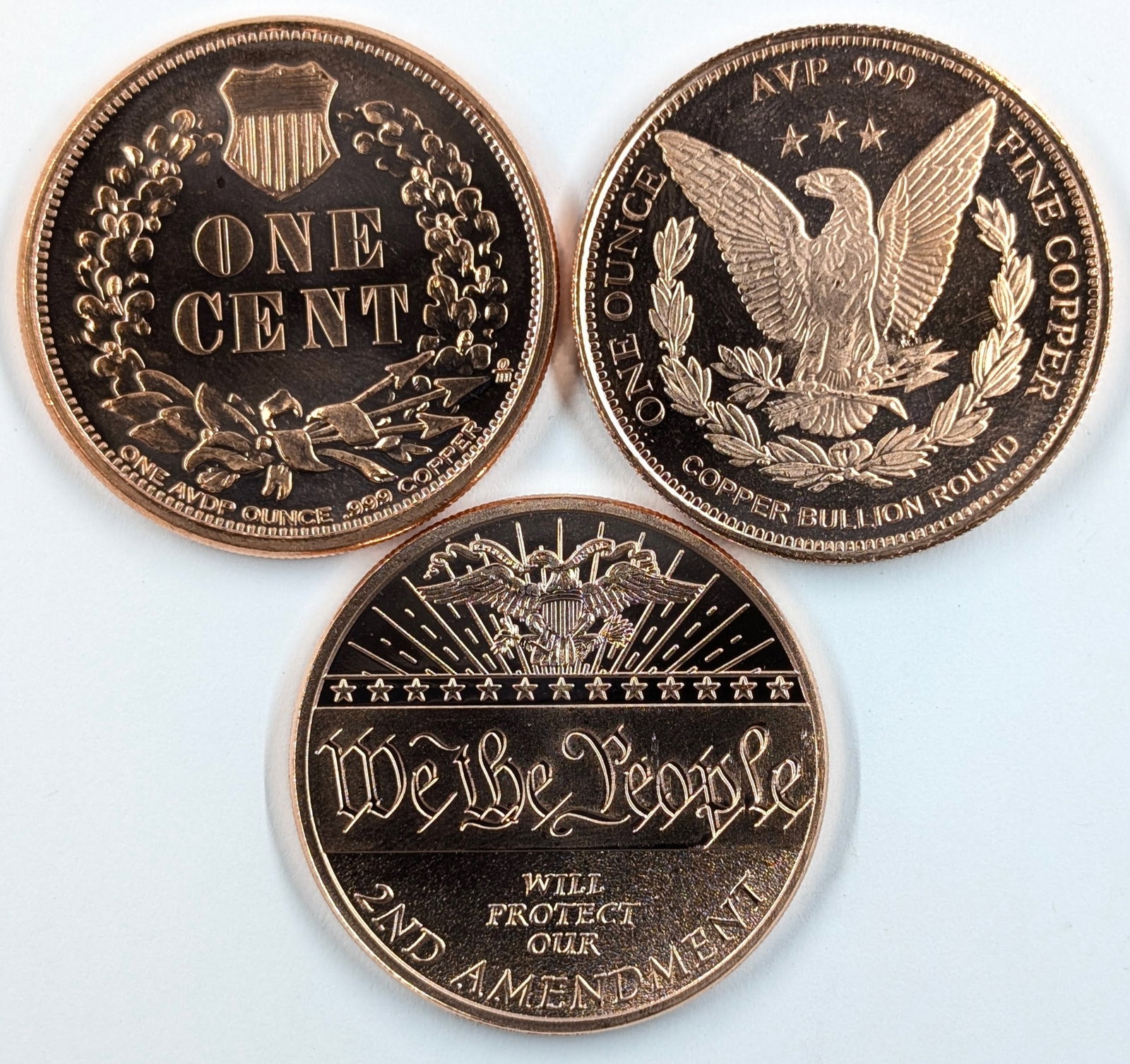 Lot of 3 - 1 Ounce (each) Fine .999 Copper Rounds - Indians & 2nd Amendment - 2