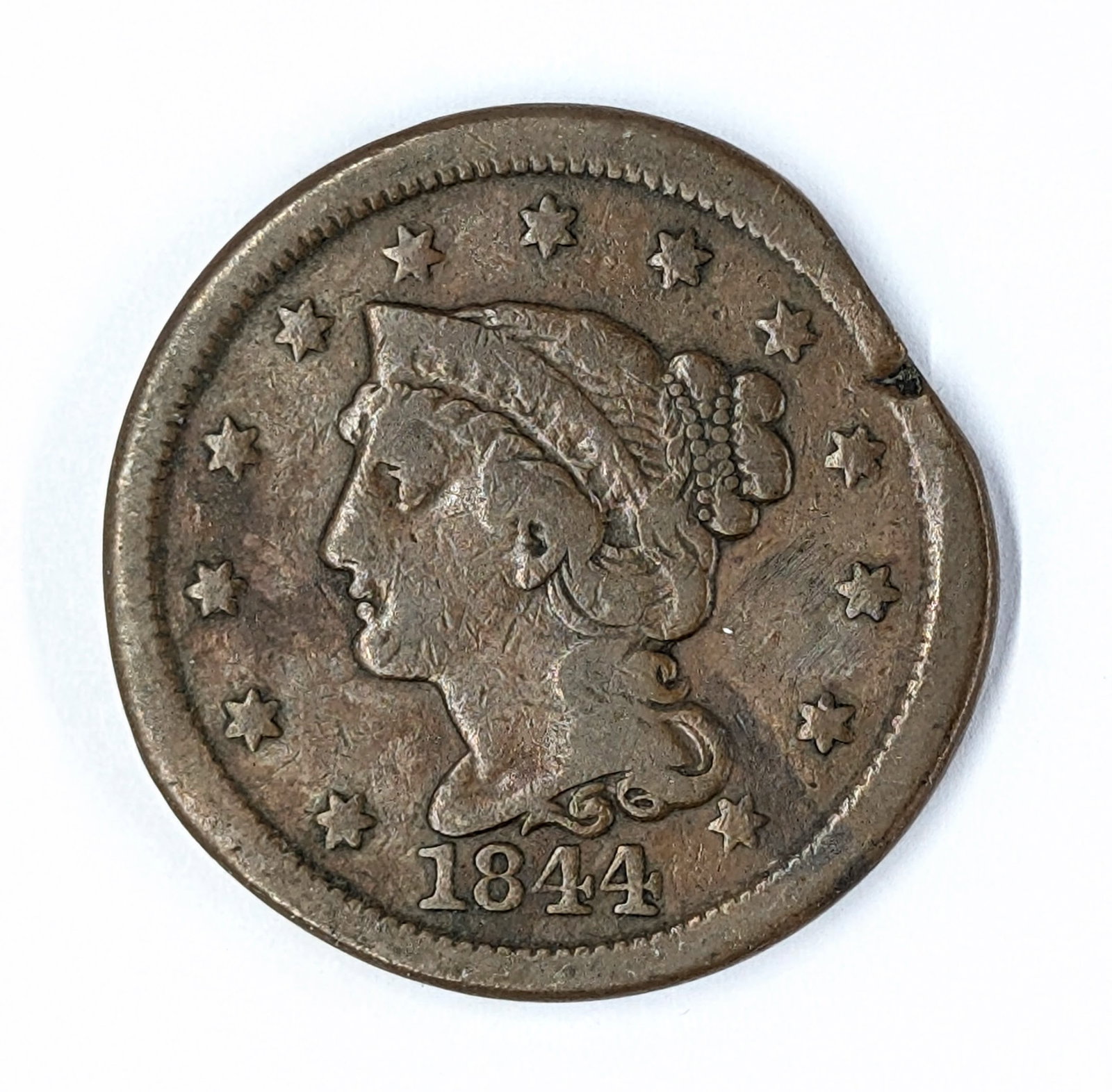 1844 Large Cent: "Flat tire"
