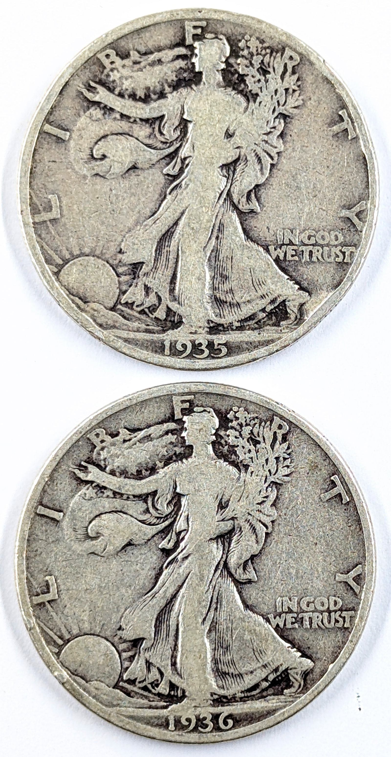 Lot of 2 Silver Walking Liberty Half Dollars- 1935, 1936: Silver