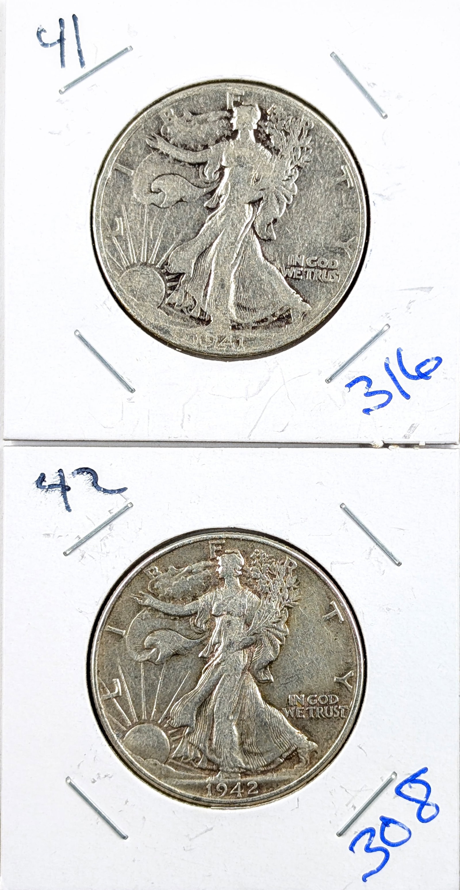 Lot of 2 Silver Walking Liberty Half Dollars- 1941, 1942: Silver