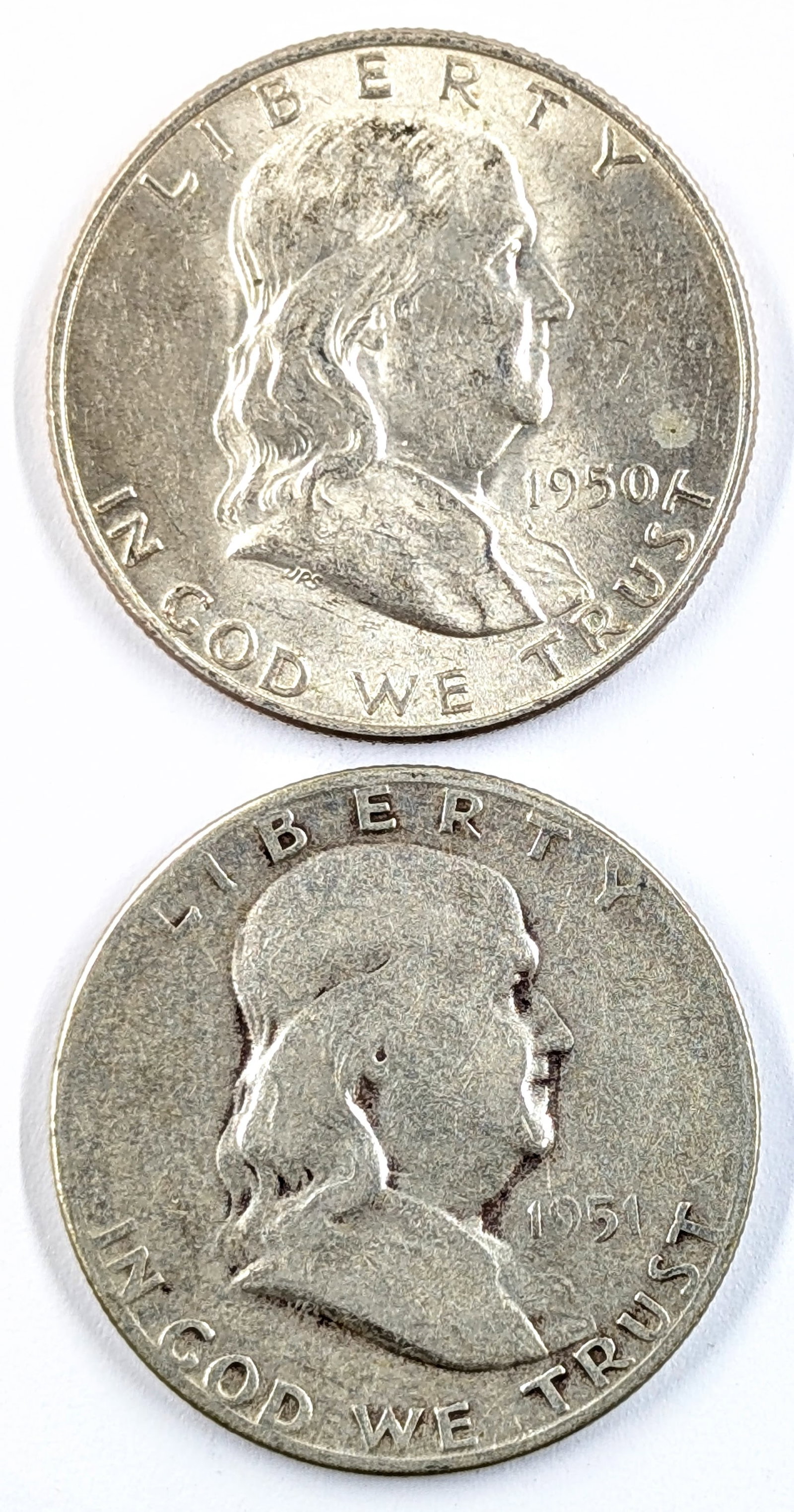 Lot of 2 Silver Franklin Half Dollars- 1950-D,1951-S (1 of 2)