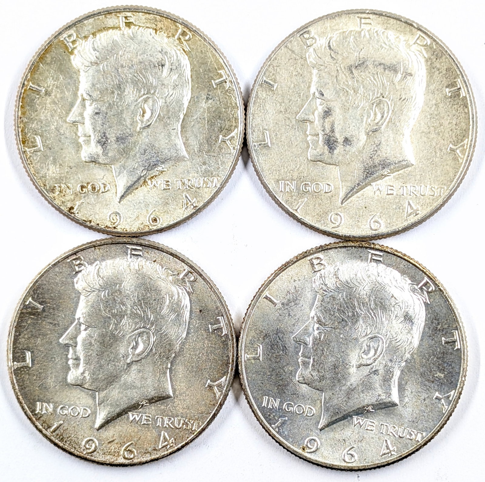 Lot of 4 Silver 1964 John F Kennedy Half Dollars: Silver