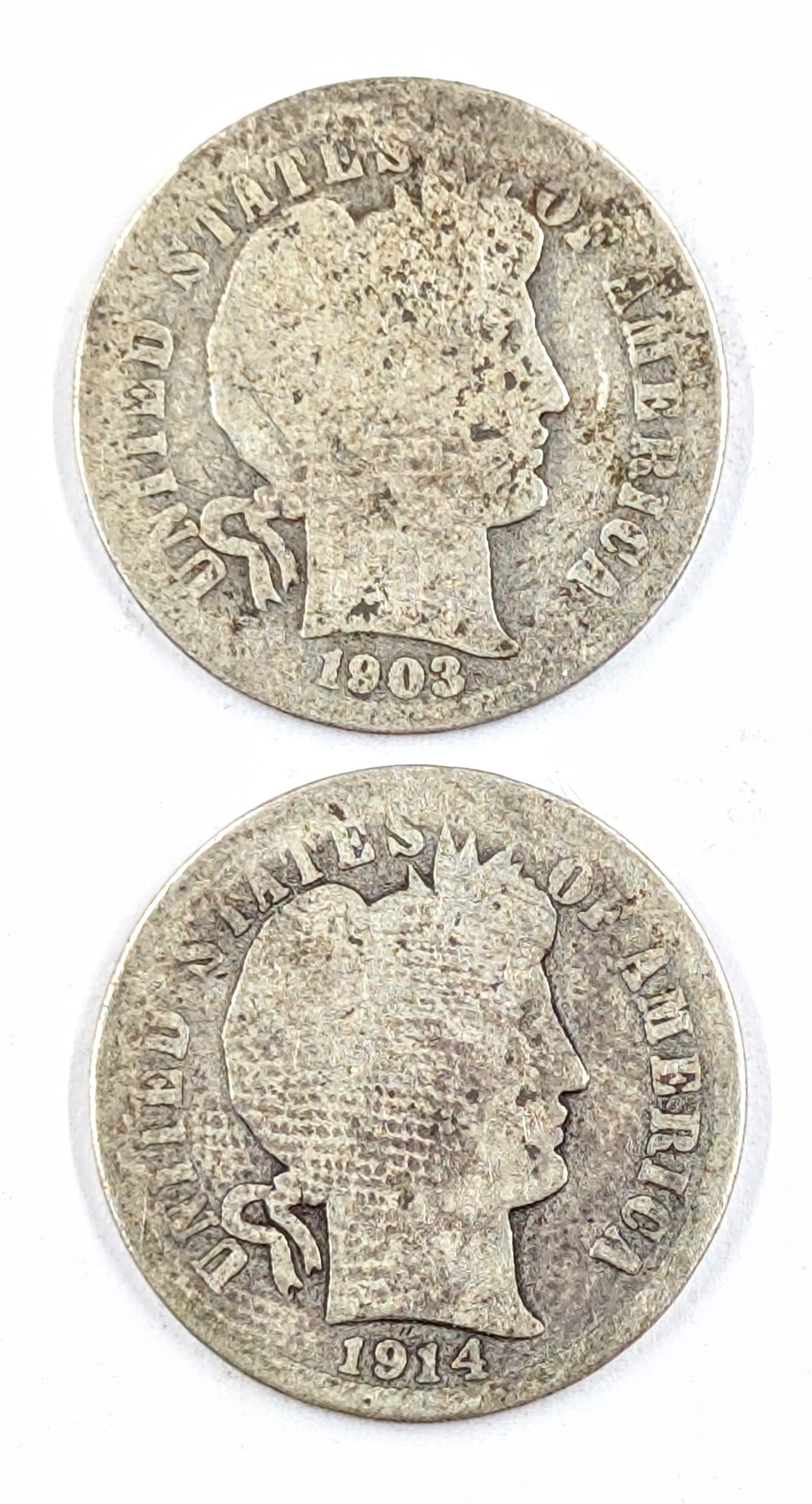 Lot of 2 Silver Barber Dimes- 1903,1914-D: Silver