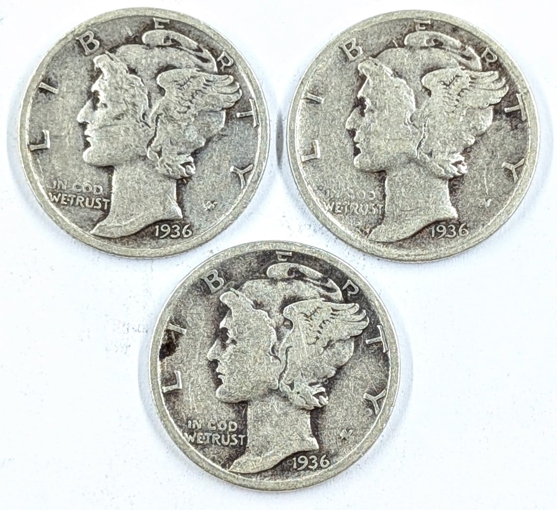 Lot of 3 Silver Mercury Dimes- All 1936: Silver