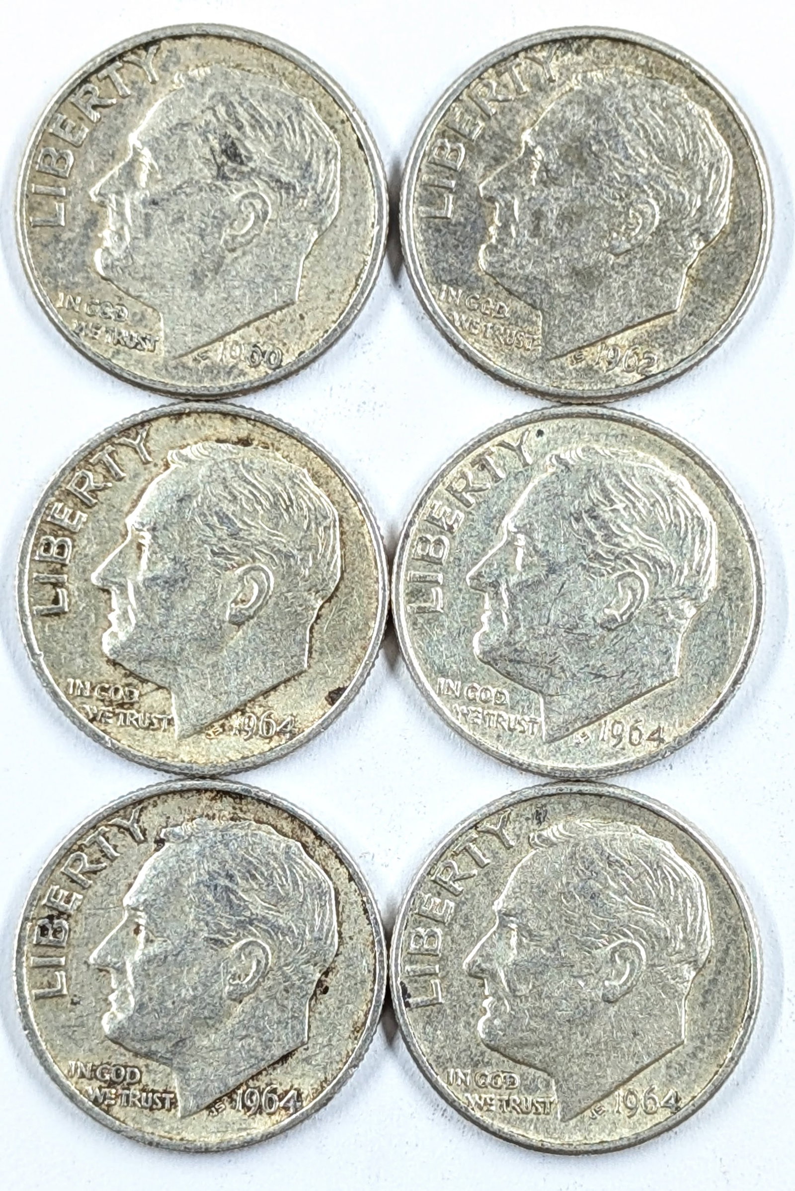 Lot of 6 Silver Roosevelt Dimes- 1960-1964: Silver