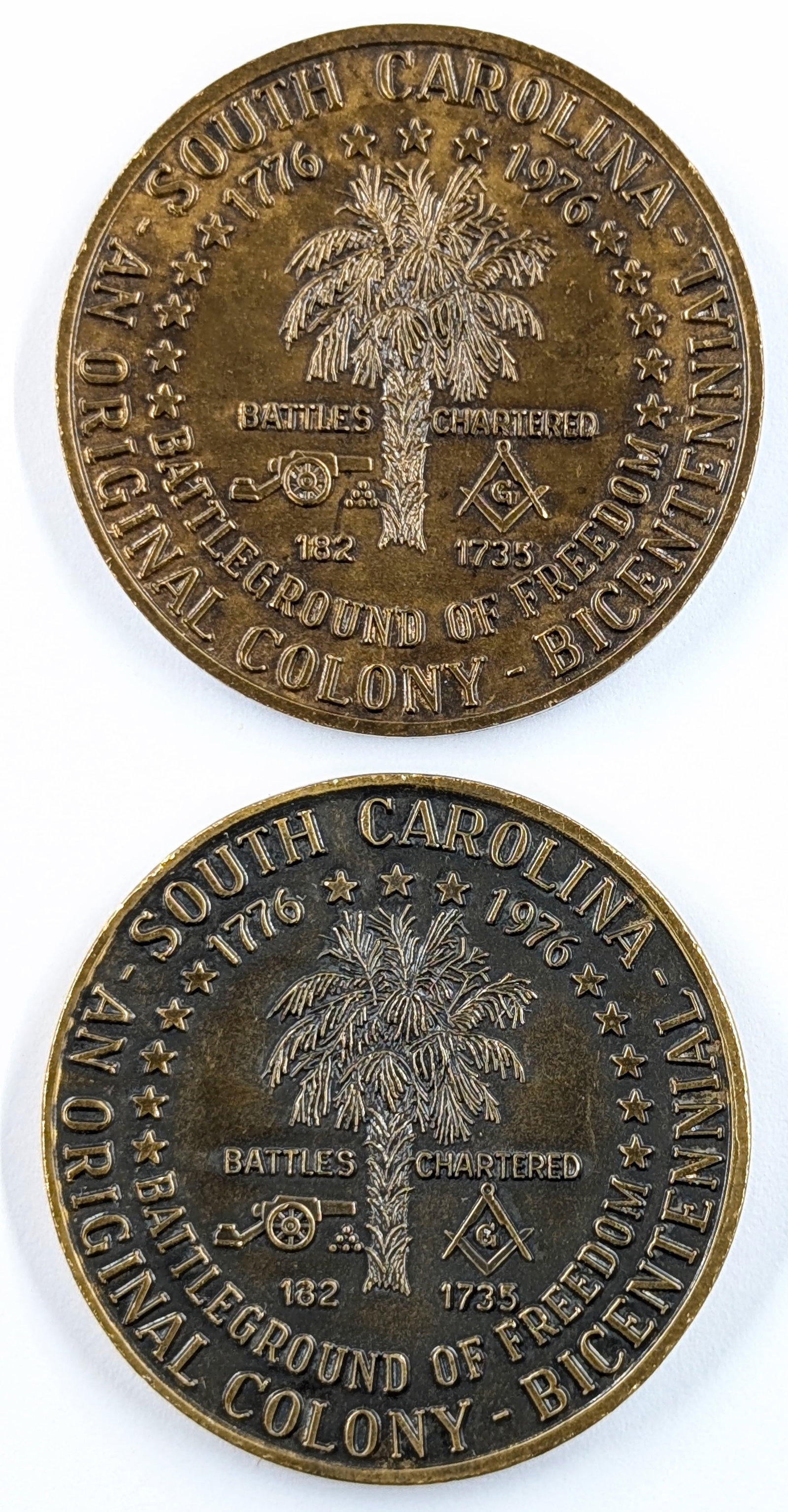 Lot of 2 - 1976 Freemasons SC Bicentennial Bronze Medallions: Coin