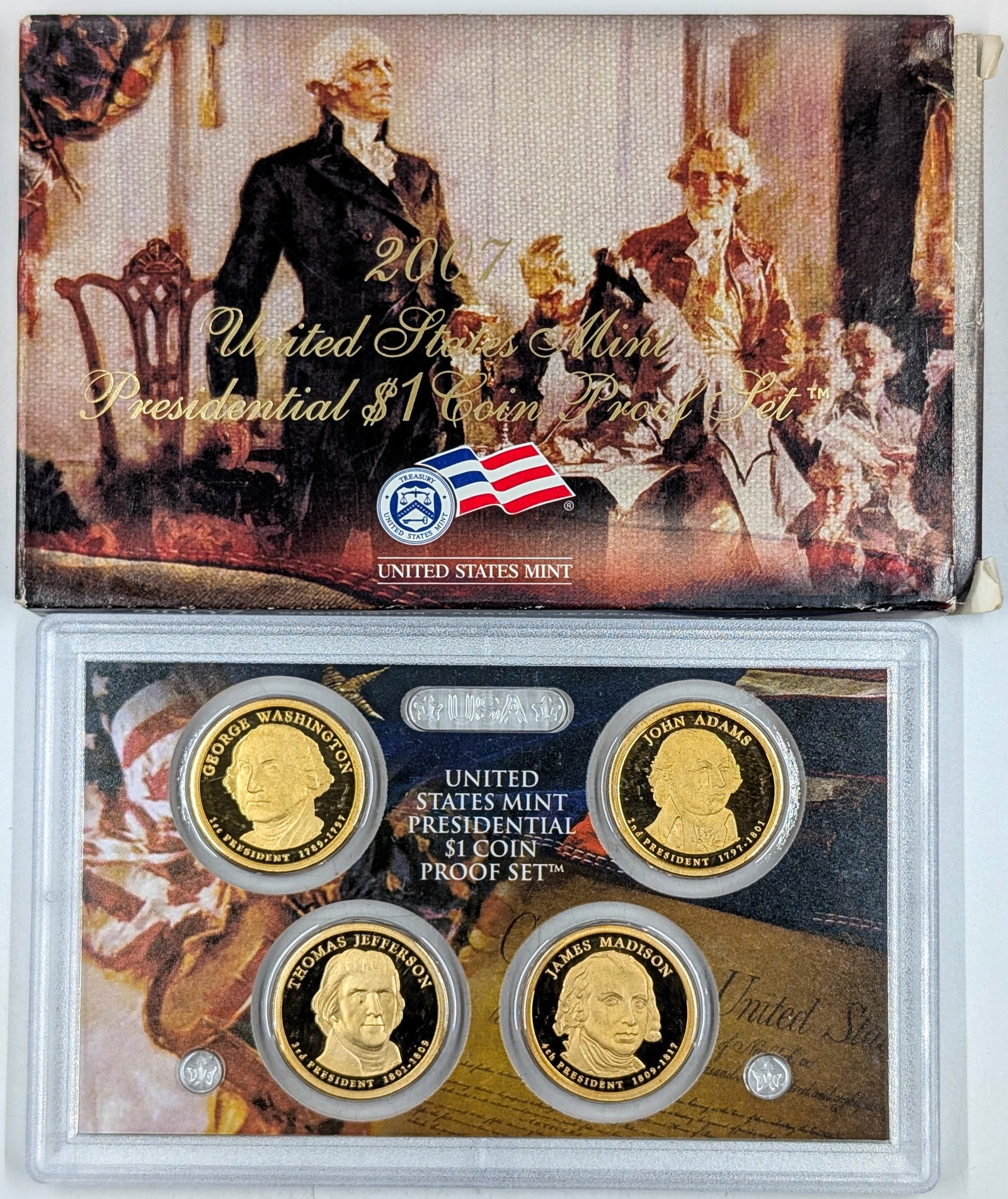 2007 US Mint Presidential $1 Coin Proof Set w/ Washington, Adams, Jefferson, & Madison: Coin