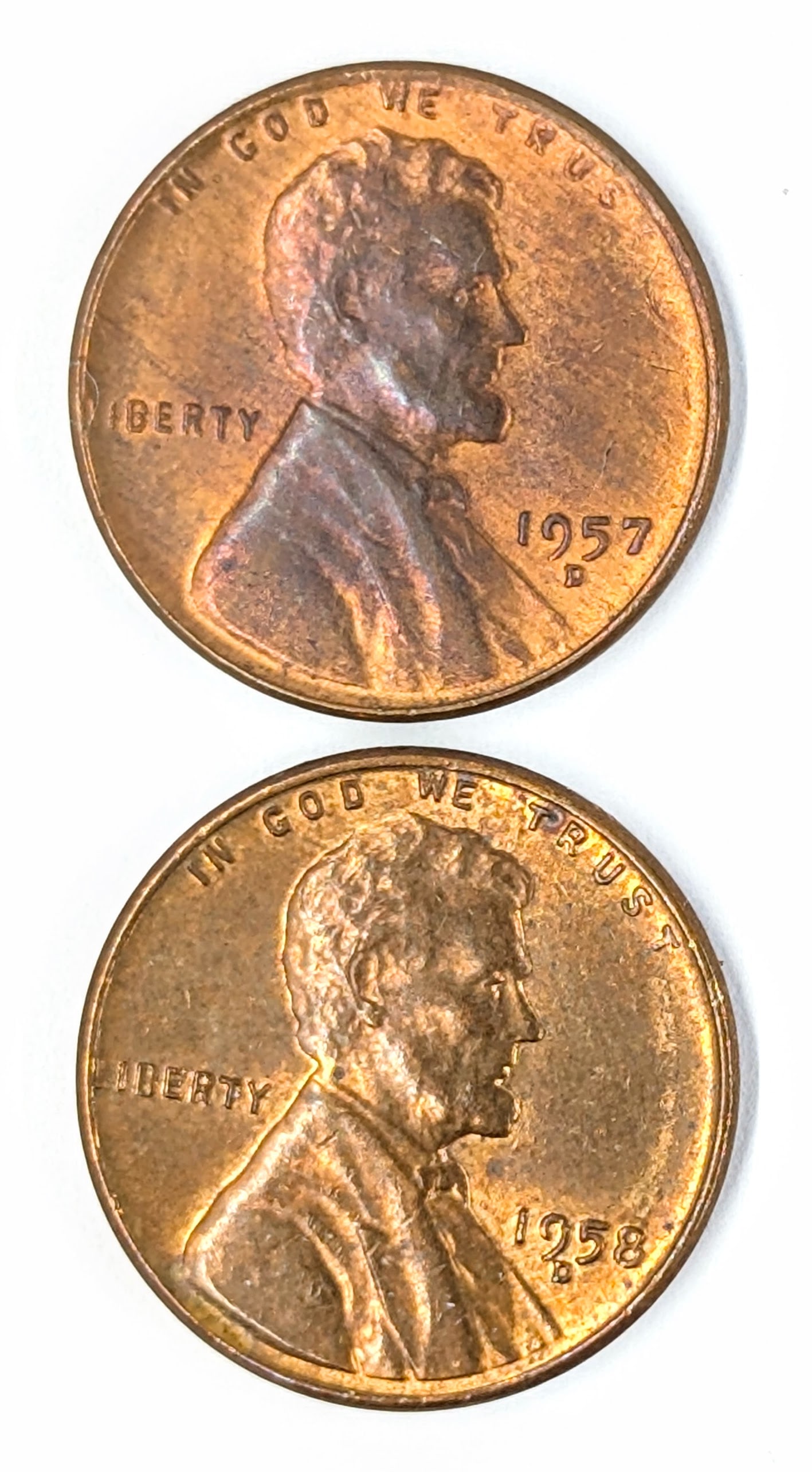 Lot of 2 Uncirculated Wheat Cents- 1957-D- Toned 1958-D: Coin