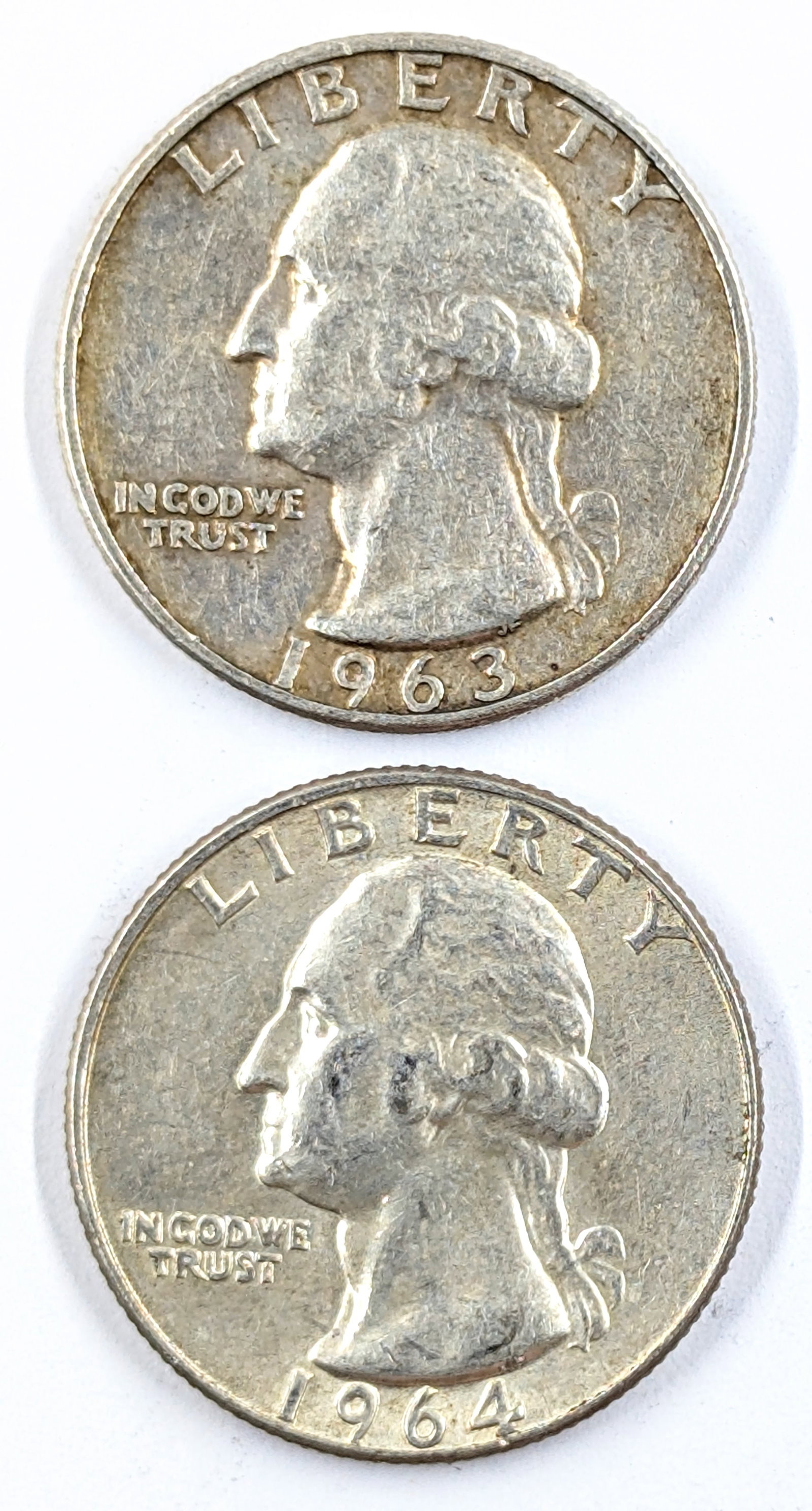 Lot of 2 Silver Washington Quarters- 1963-D,1964-D: Silver
