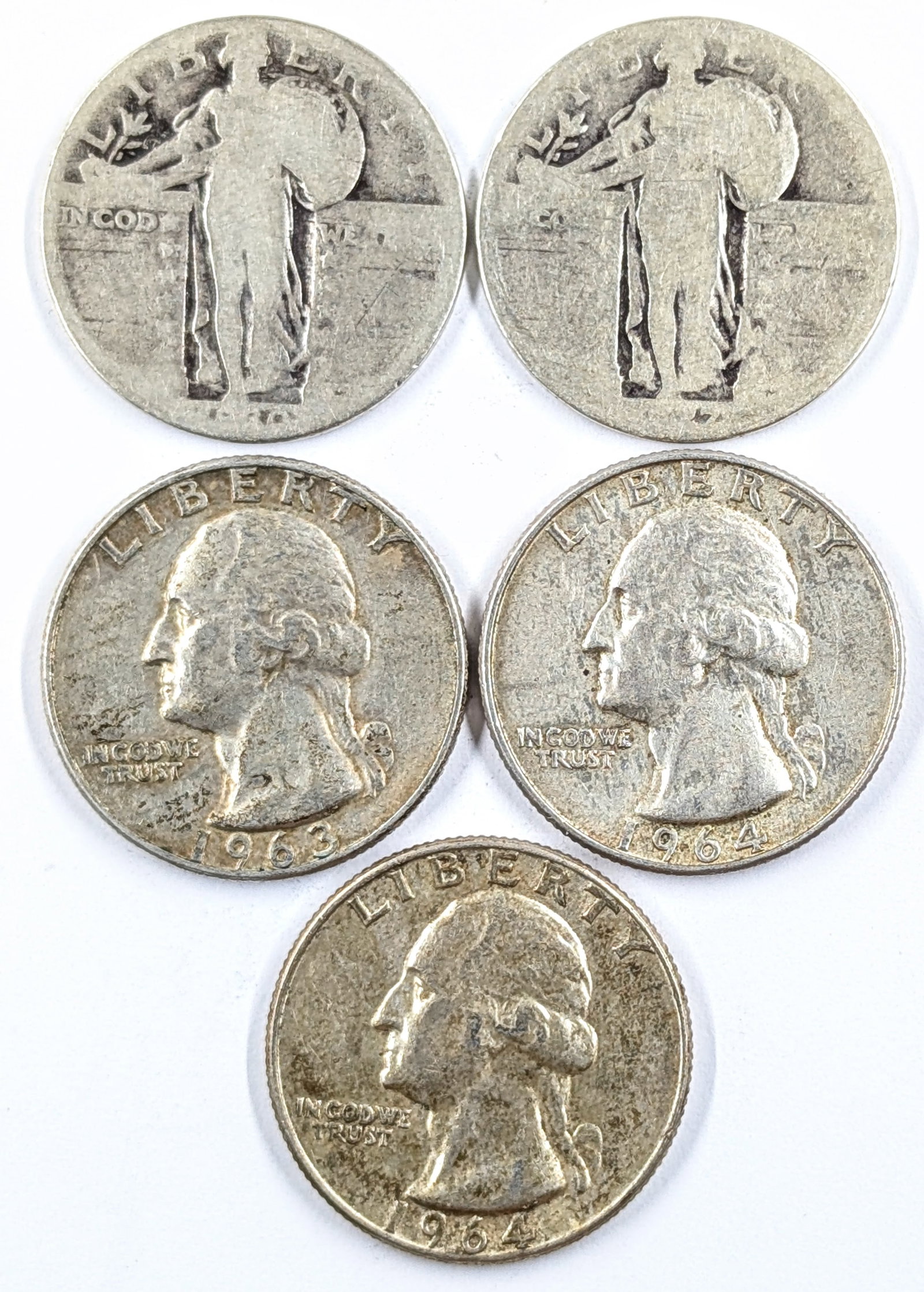 Lot of 5 Silver Quarters- Standing Quarters(2), 1963 Washington, 1964(2) Washington: Silver