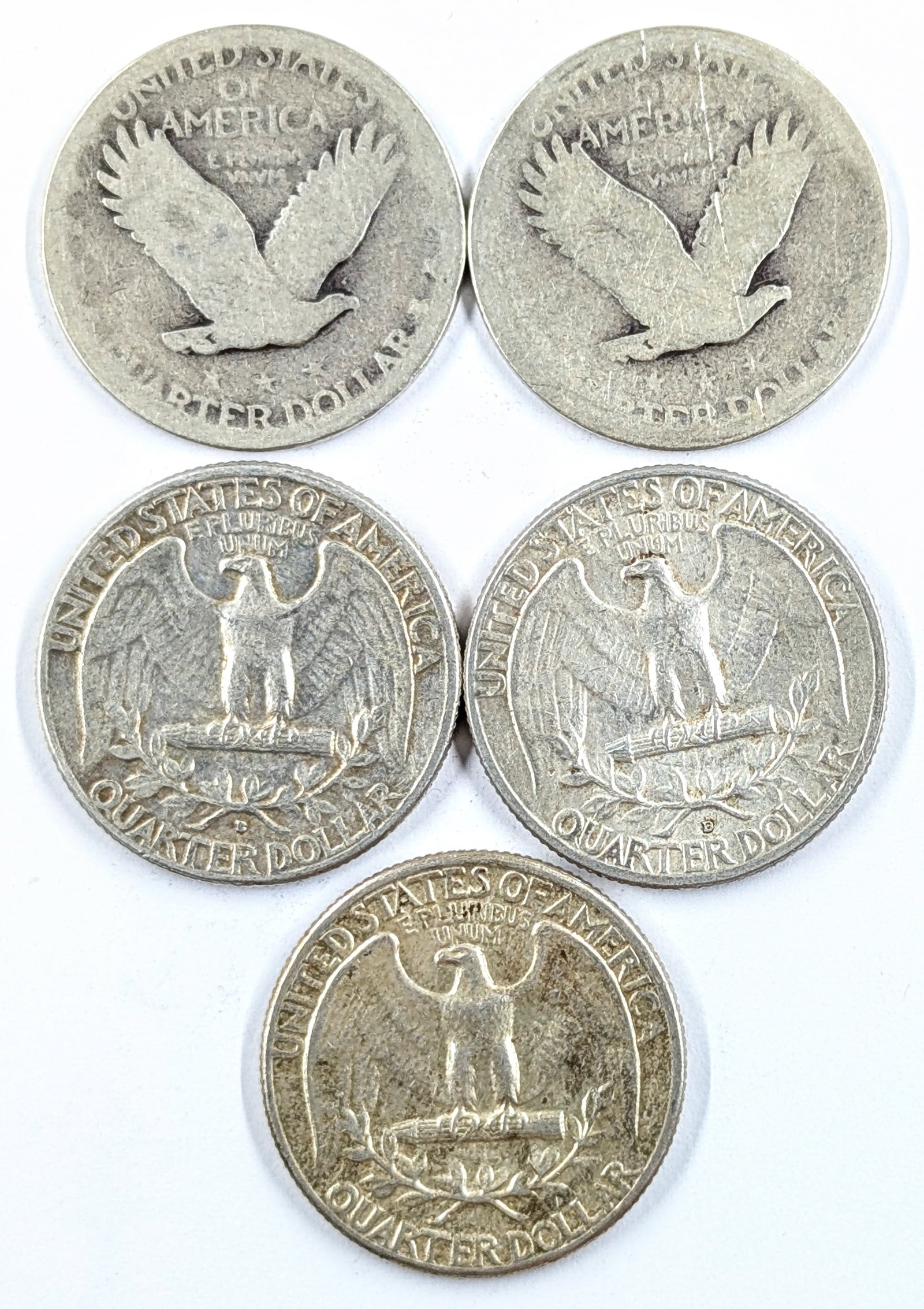Lot of 5 Silver Quarters- Standing Quarters(2), 1963 Washington, 1964(2) Washington - 2