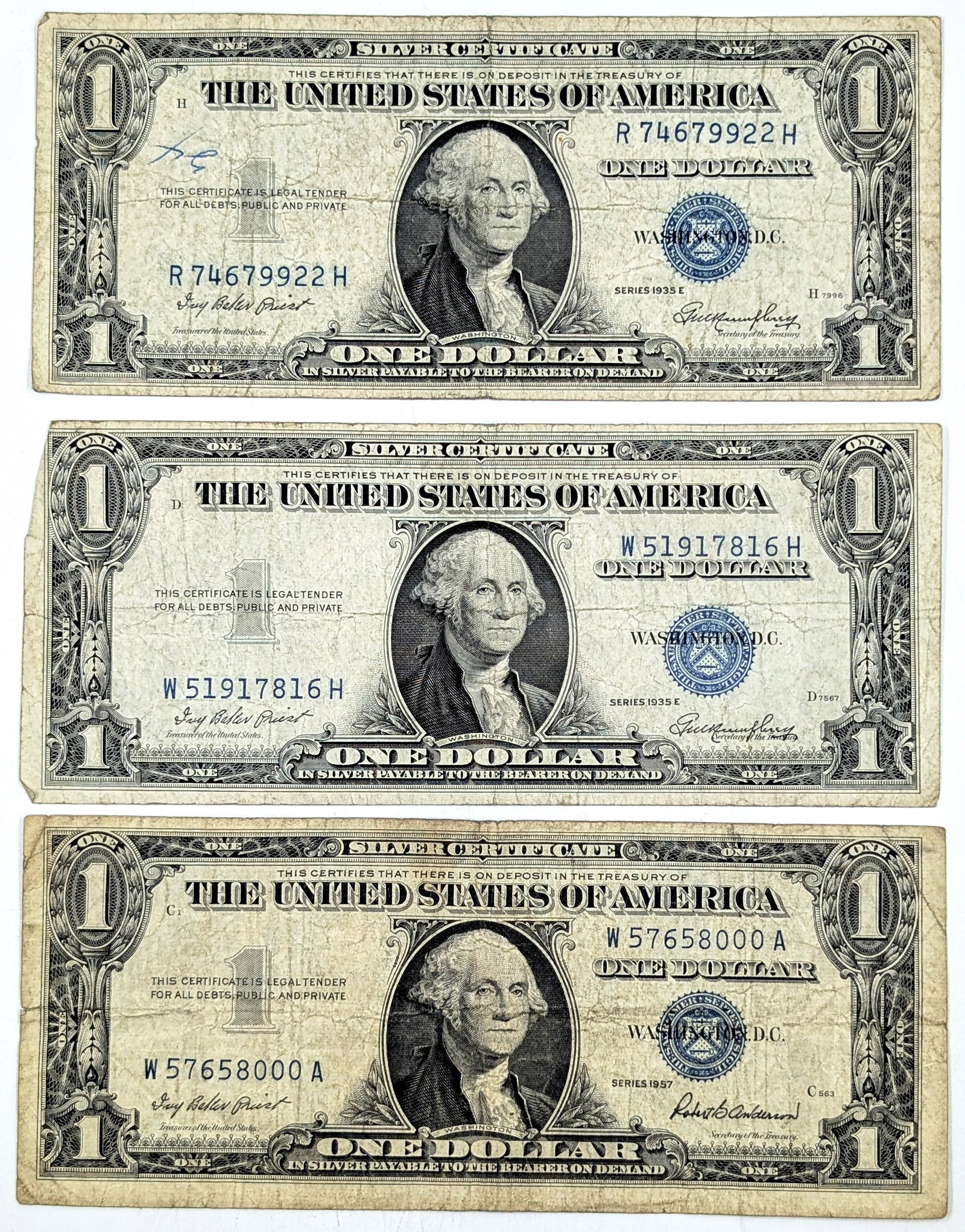 Lot of 3 - $1 Notes - Silver Certificates- 1935 E (2), 1957 (1 of 2)