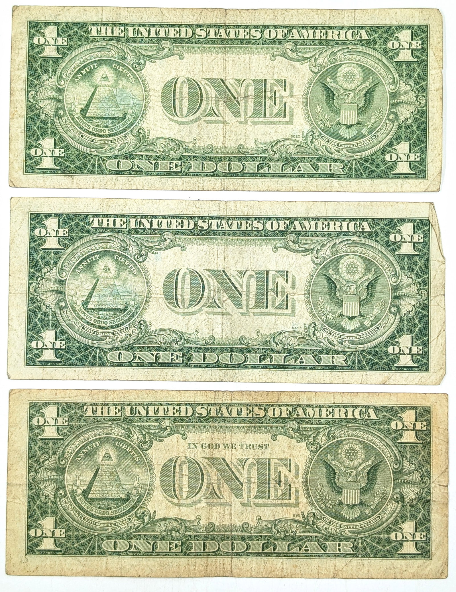 Lot of 3 - $1 Notes - Silver Certificates- 1935 E (2), 1957 - 2