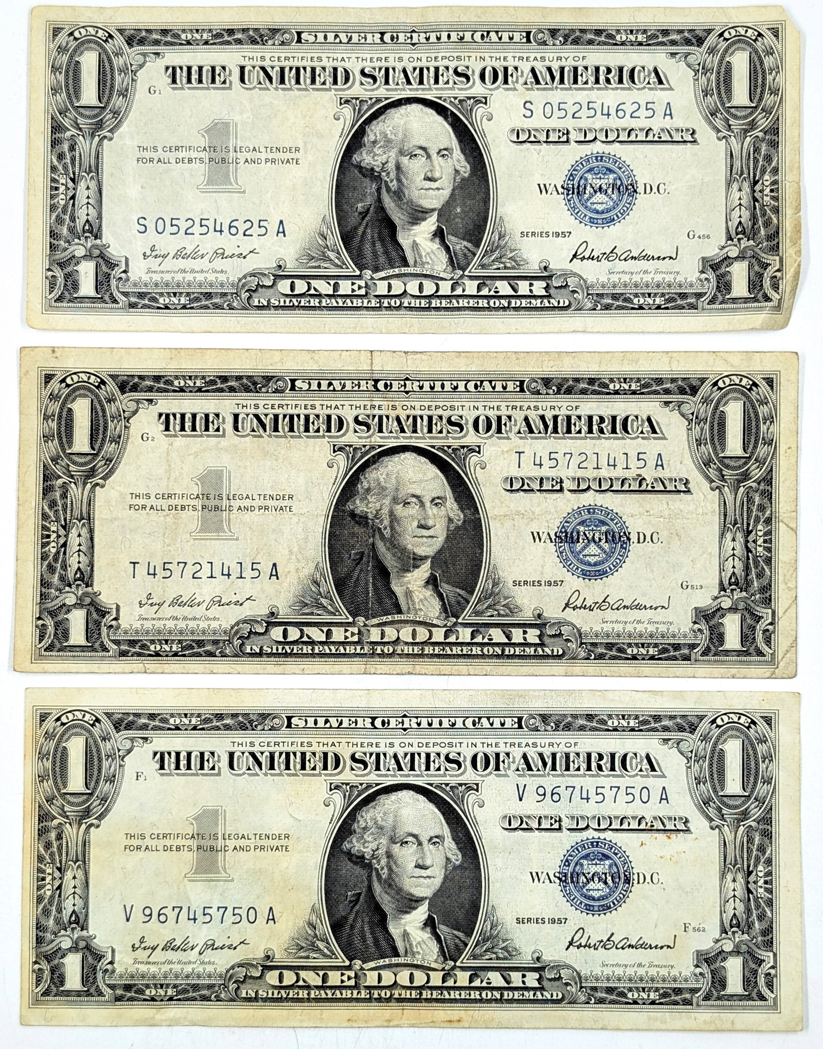 Lot of 3 - $1 Notes - Silver Certificates- All 1957: Circulated Condition