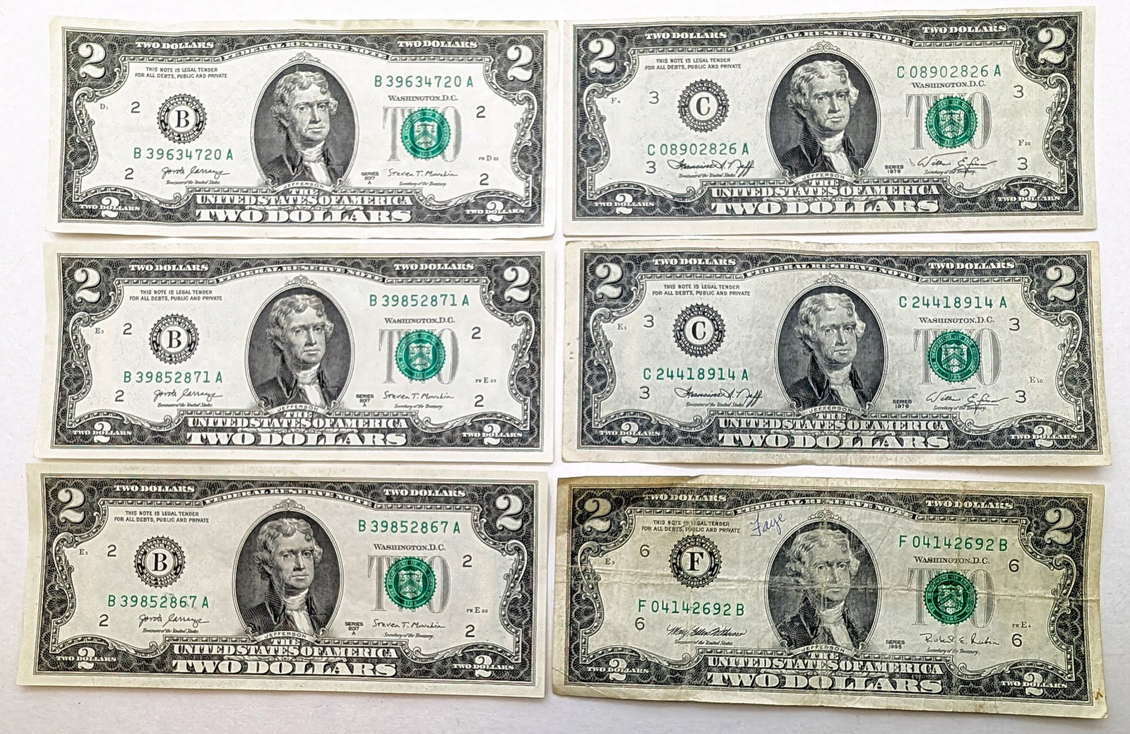 Lot of 6 - $2 Notes - Green Seals: Circulated Condition