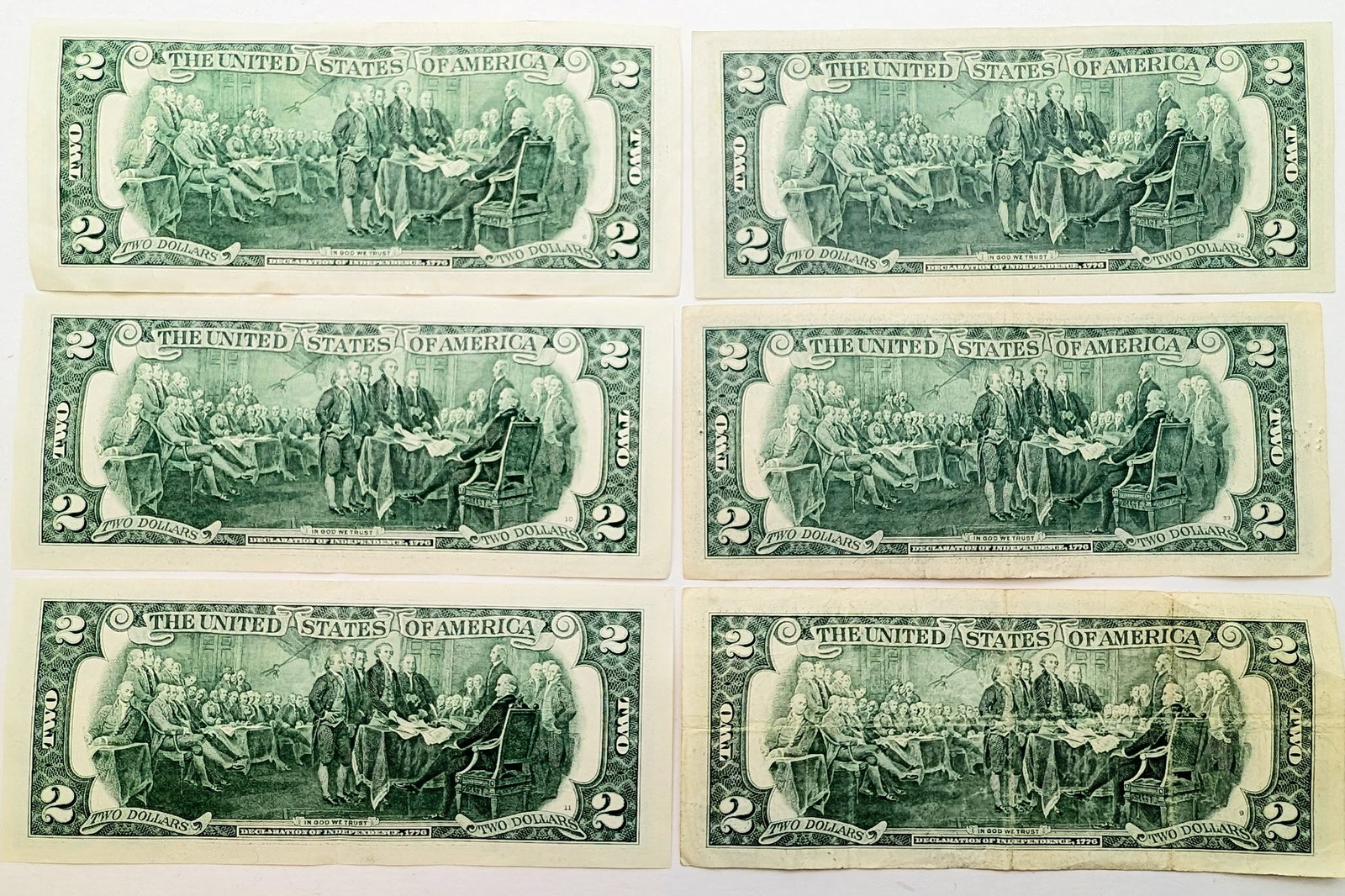 Lot of 6 - 1967-2007 $2 Notes - Green Seals - 2