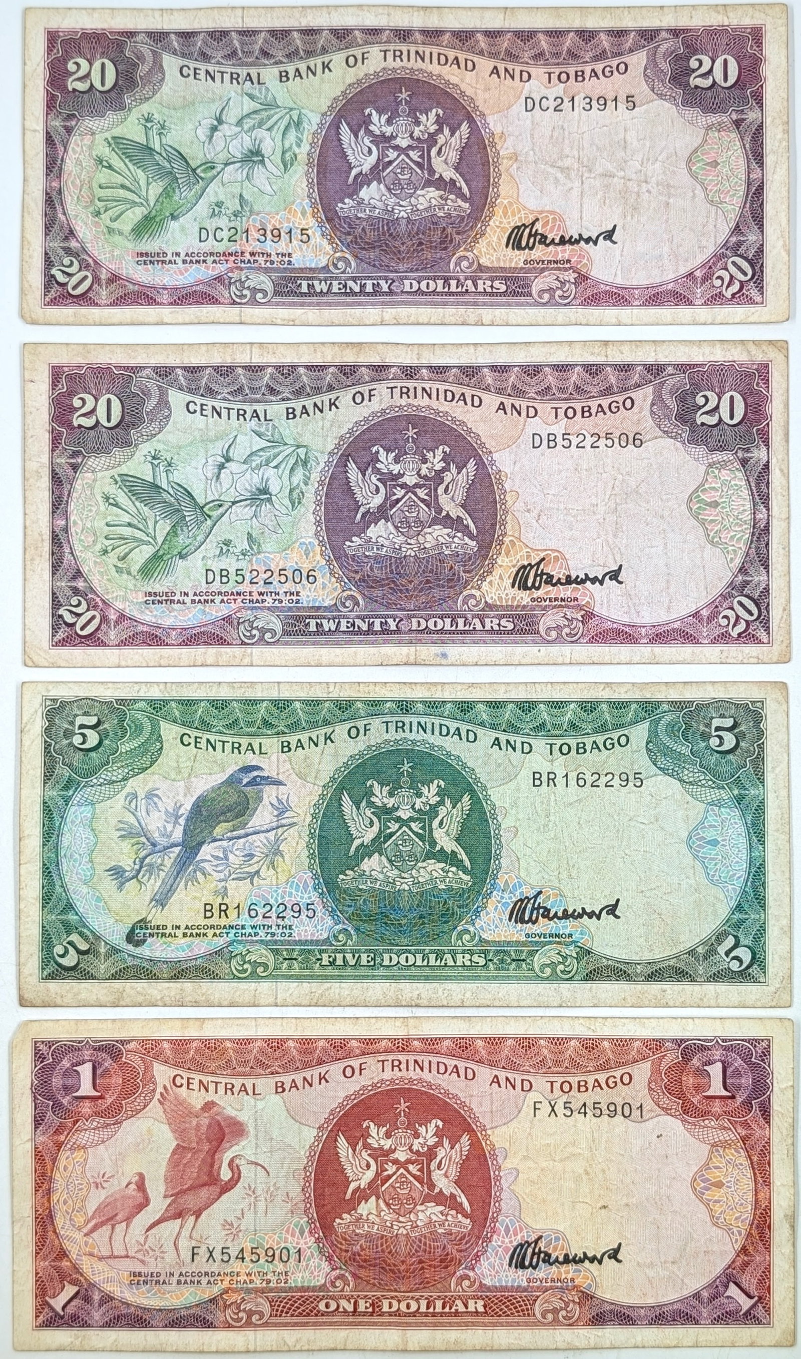 Lot of 4 Trinidad and Tobago Banknotes- $20(2), $5, $1 (1 of 2)