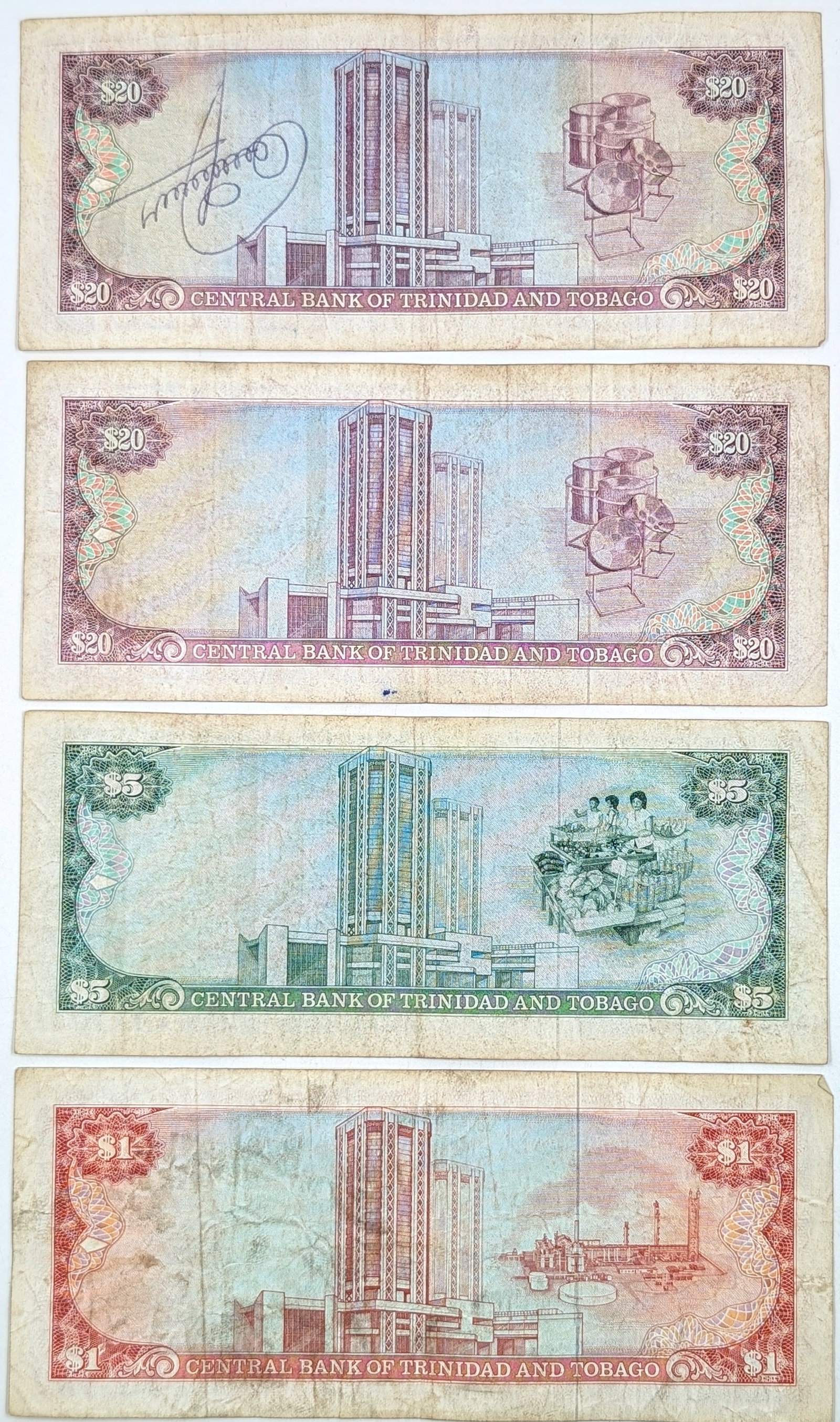 Lot of 4 Trinidad and Tobago Banknotes- $20(2), $5, $1 - 2