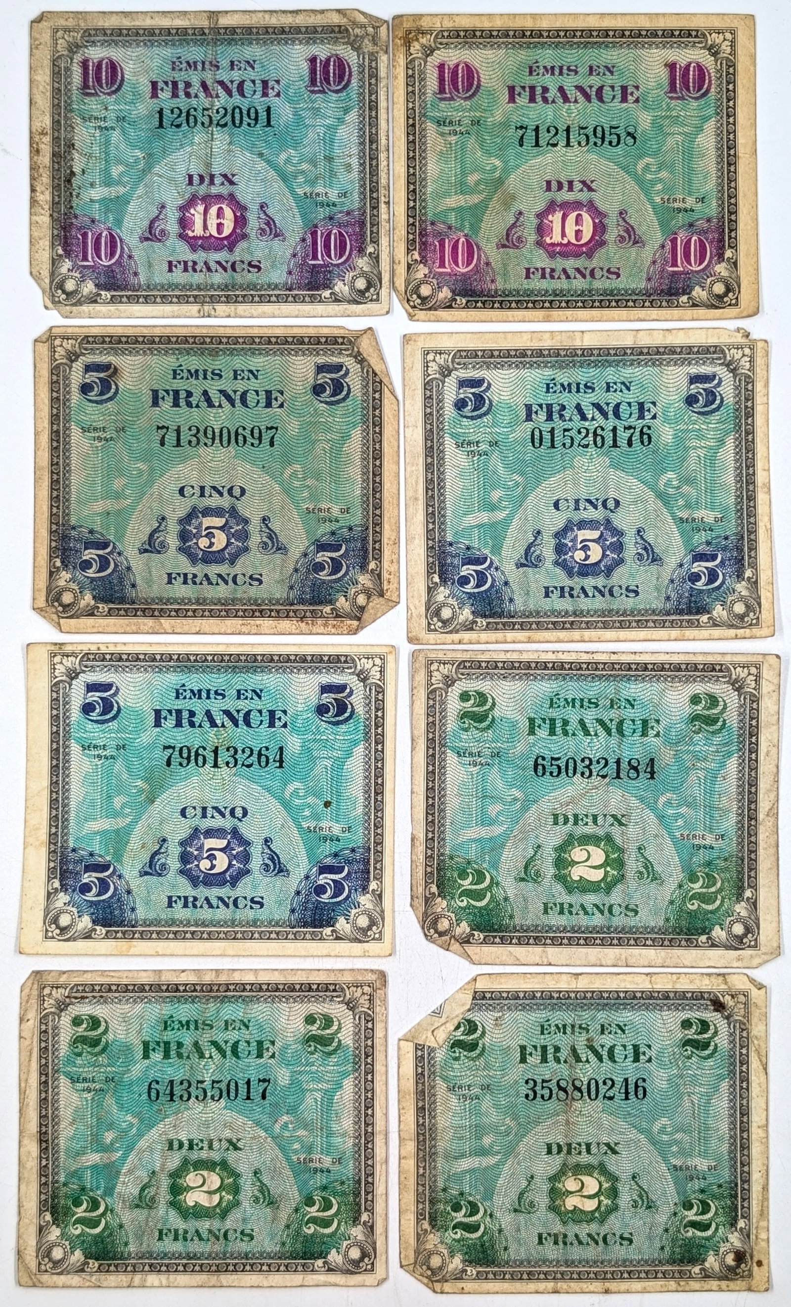 Lot of 8 1944 Franc Paper Notes $10, $5, $2 (1 of 2)