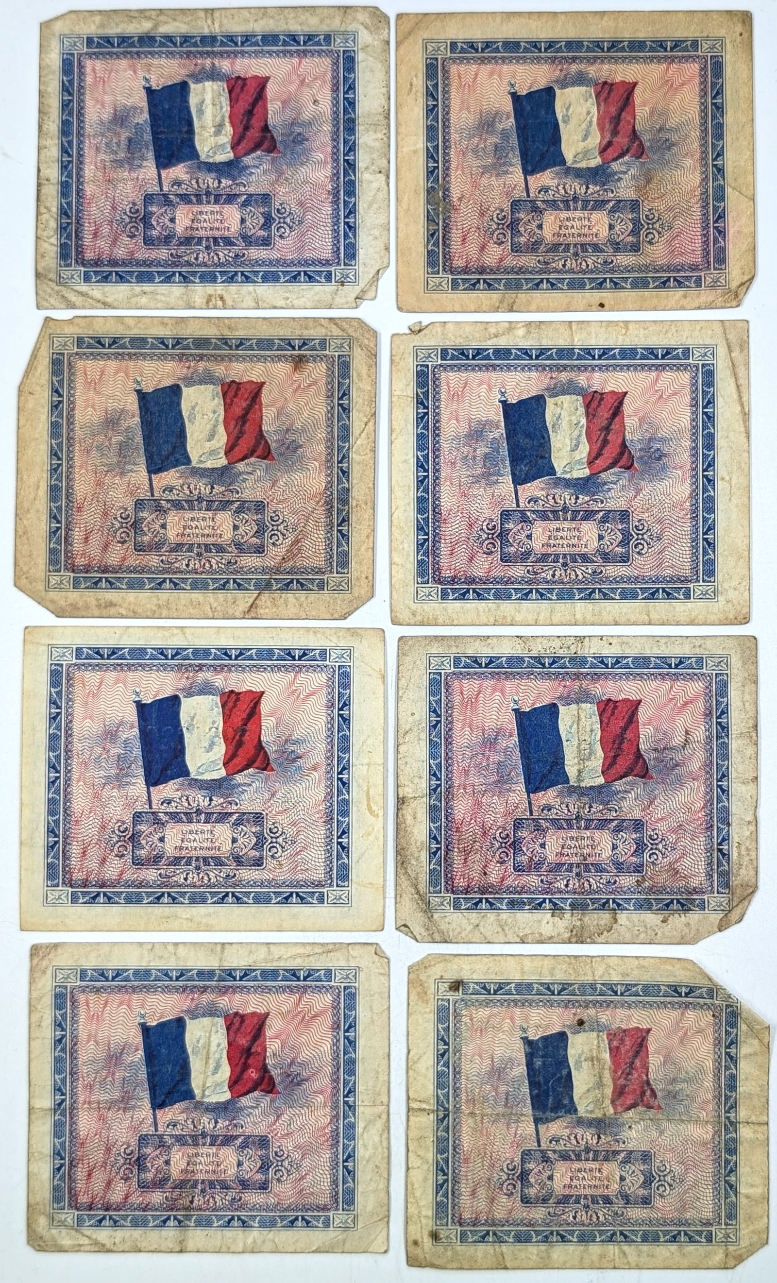Lot of 8 1944 Franc Paper Notes $10, $5, $2 - 2