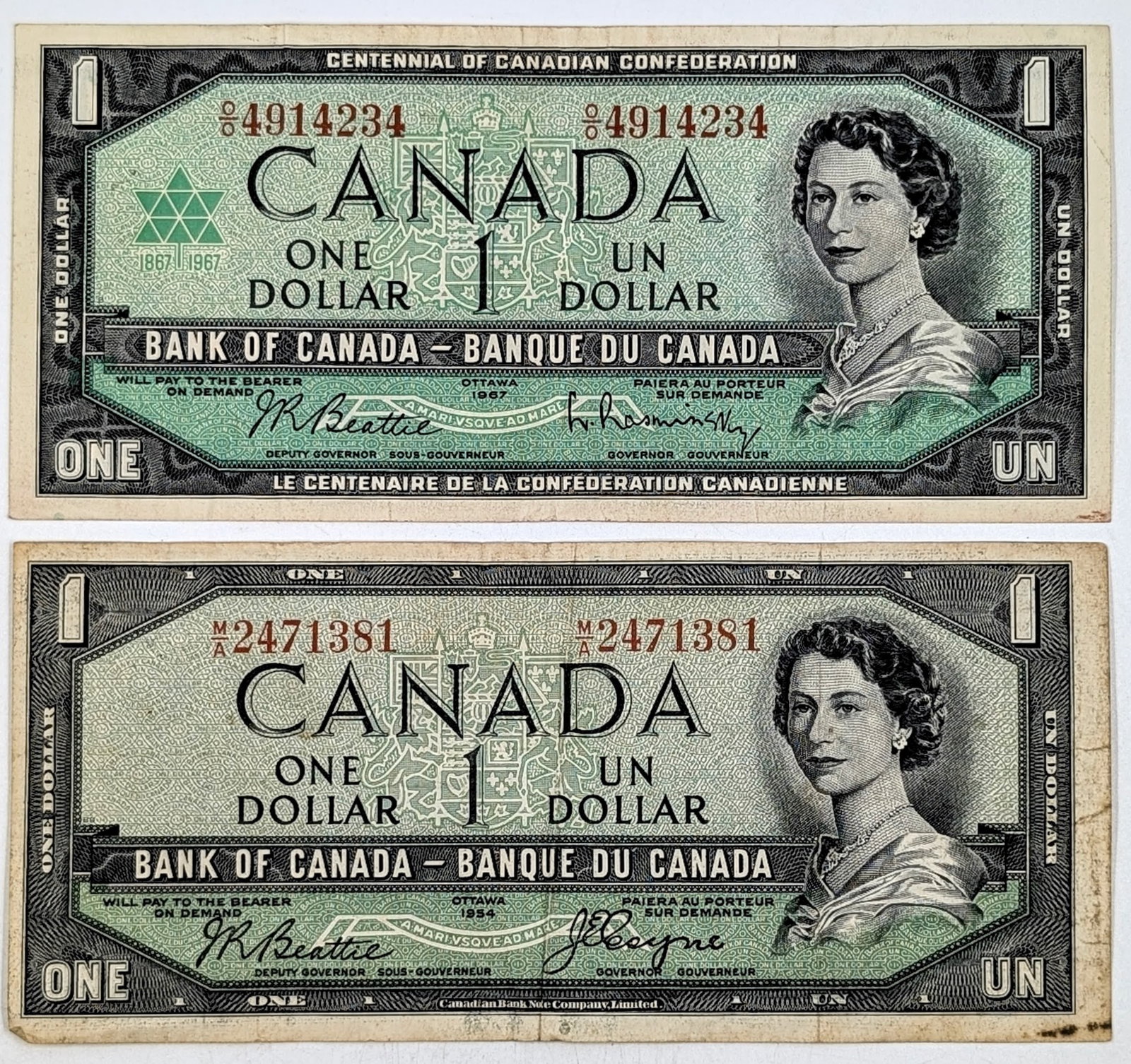 Lot of 2 - 1967 Centennial of Canadian Confederation $1 Notes: Circulated Condition