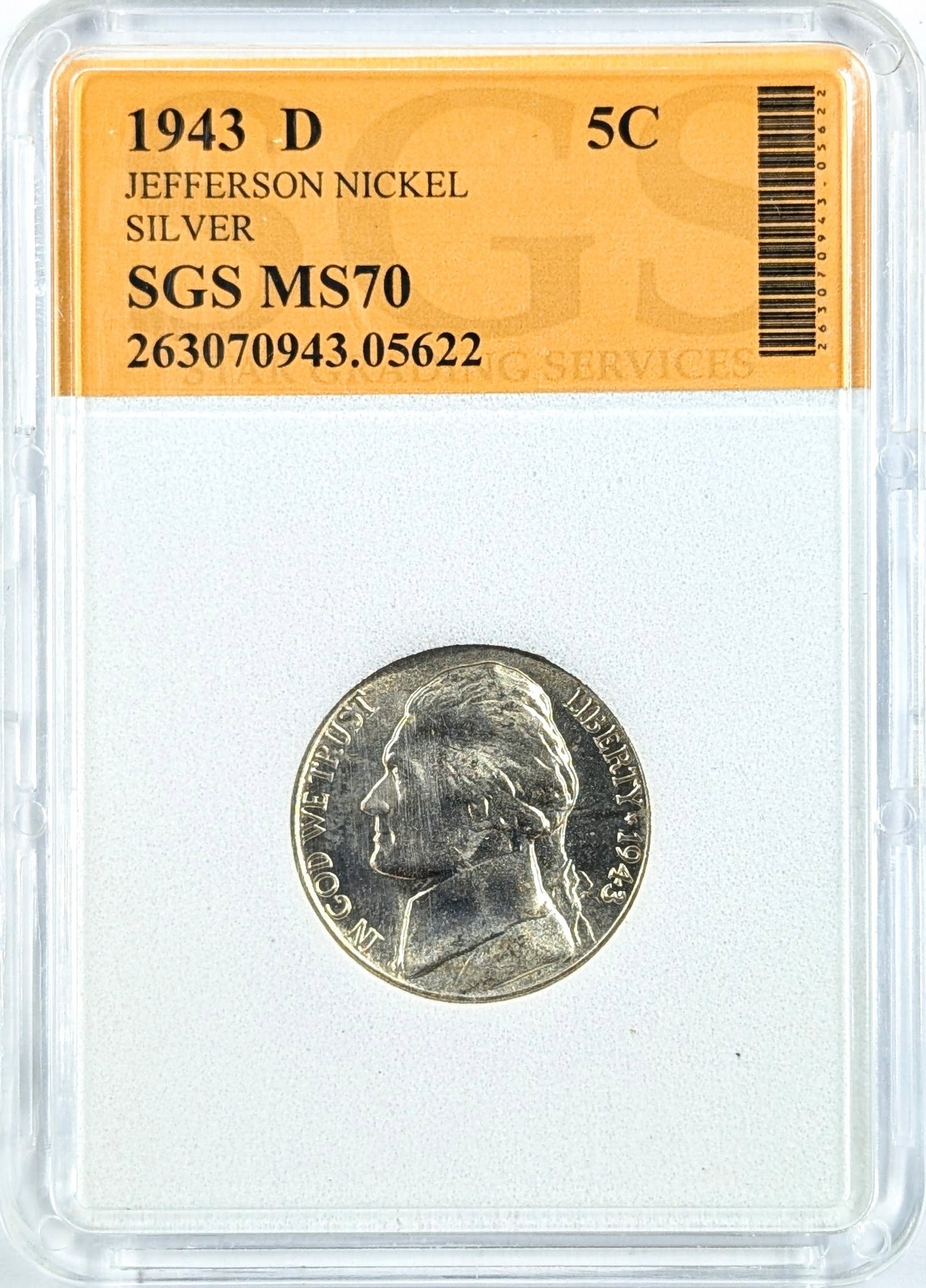 SGS 1943-D MS70 Silver War Nickel: 35% Silver