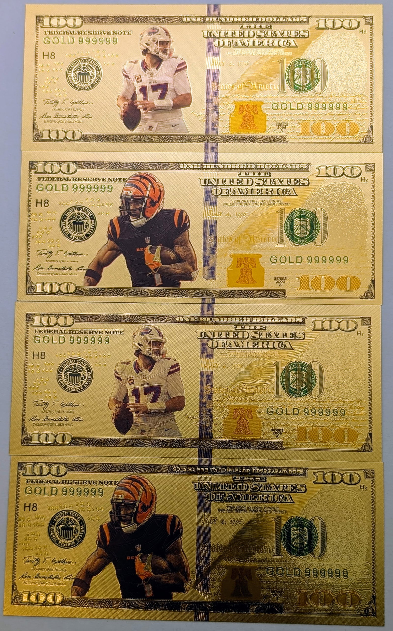 Lot of 4 Football Gold foil $100 designs- Buffalo Bills, Cincinnati Bengals: Gold Foils